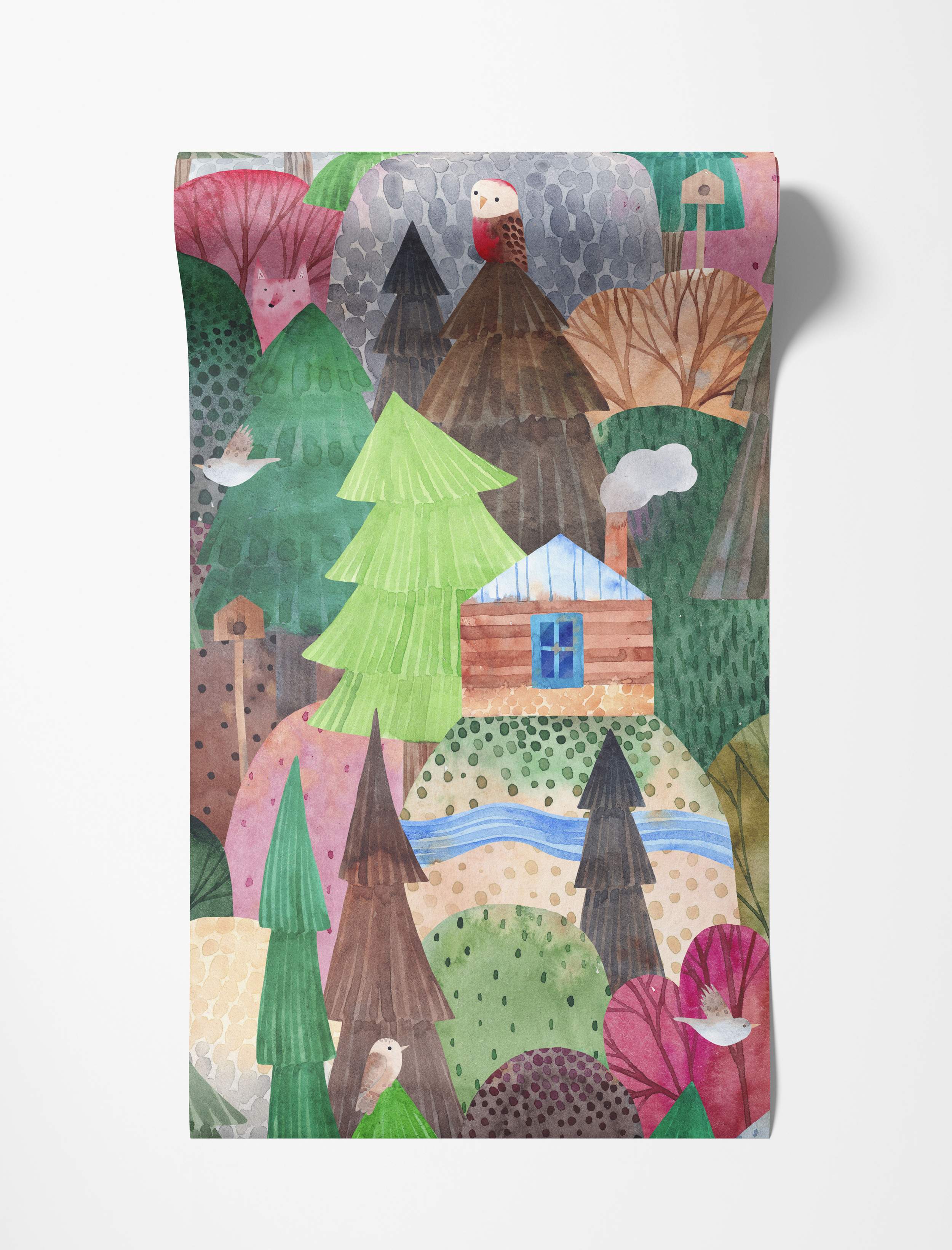 Watercolor mural depicting a whimsical forest landscape with stylized trees, hills, a small cabin, a river, and woodland animals.