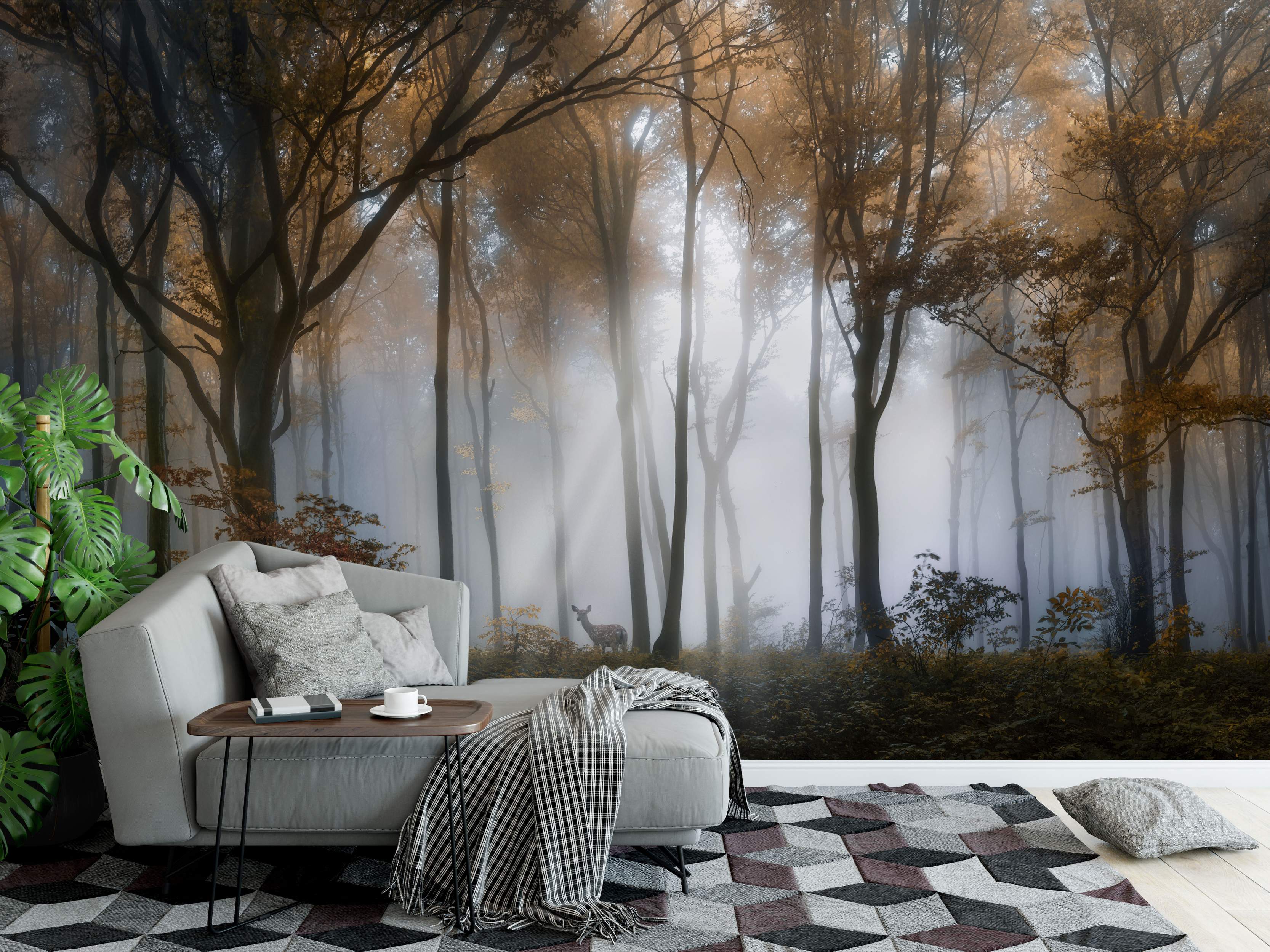 Photorealistic mural depicting a misty autumn forest with golden-orange trees, light rays filtering through fog, and a deer.
