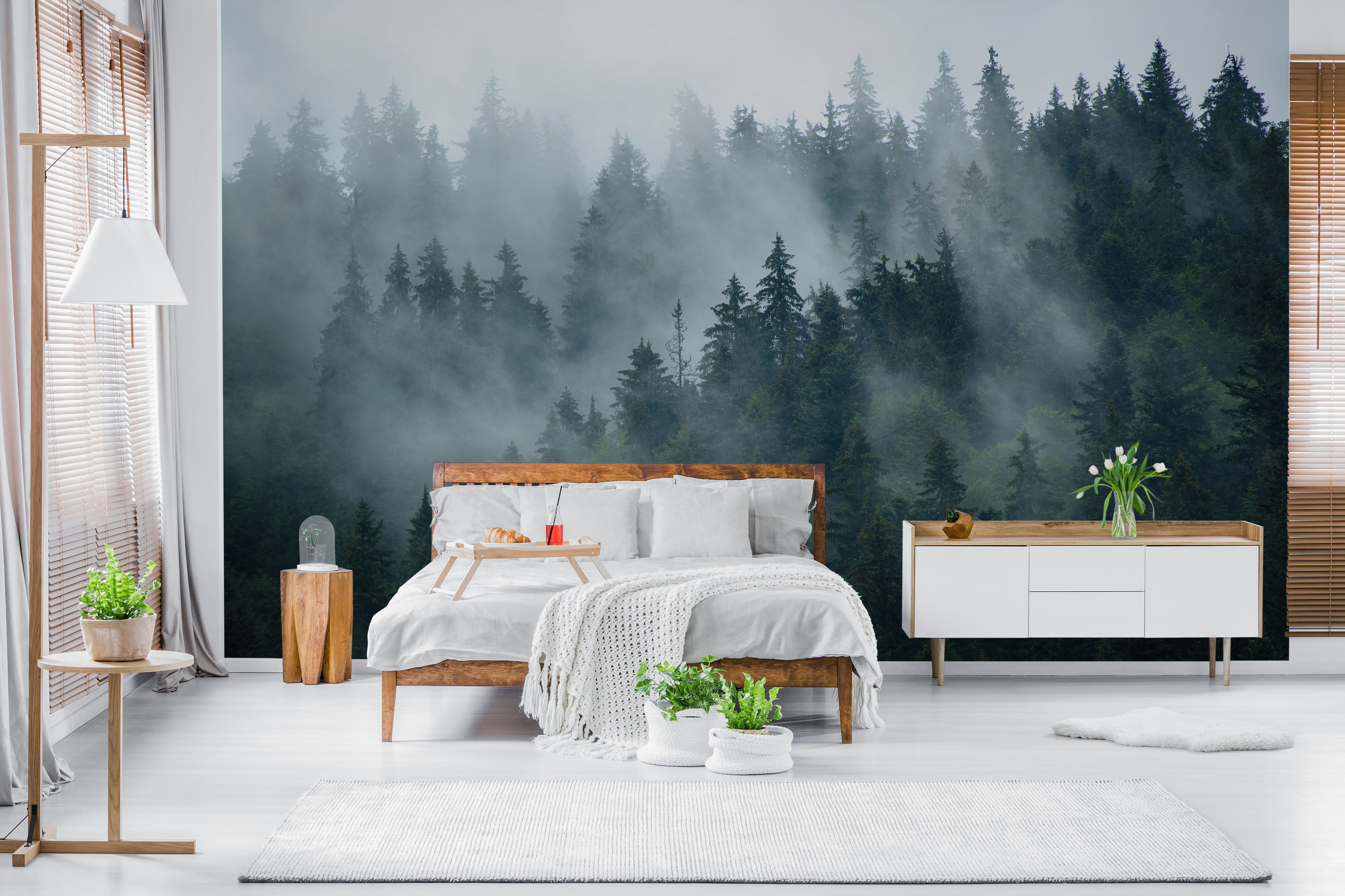 Mural depicting a dense evergreen forest scene with tall pine trees emerging through thick, atmospheric white fog.