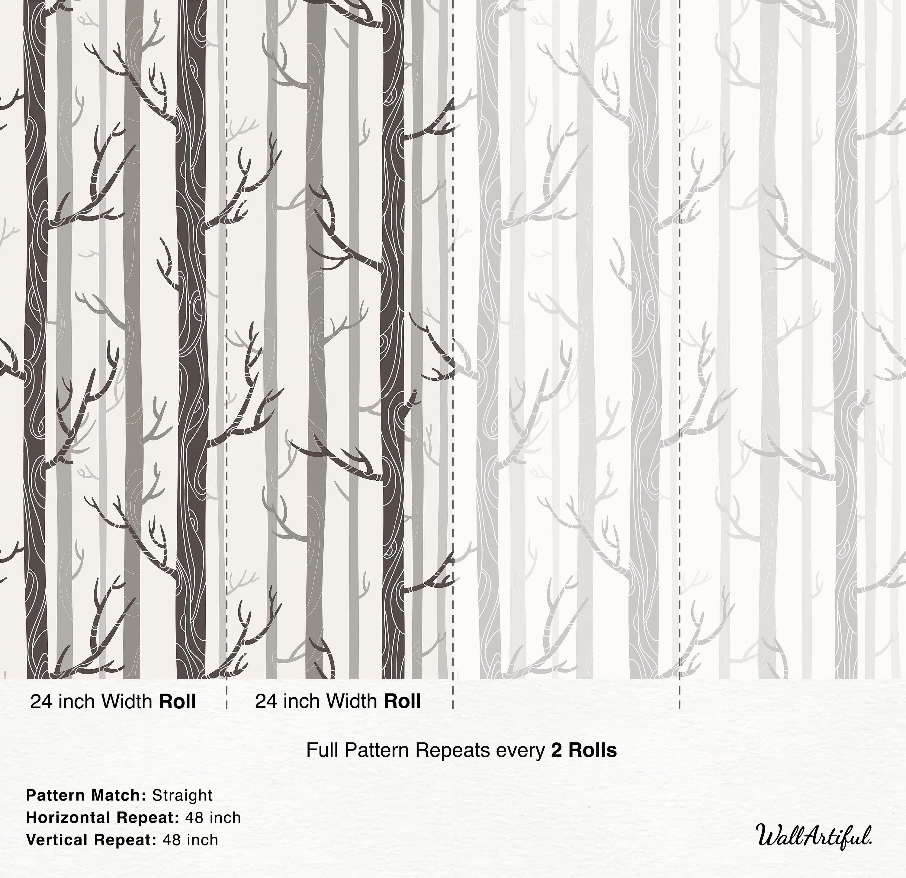 Wallpaper featuring stylized vertical tree trunks in dark, medium, and light gray stripes with branches on an off-white backdrop.