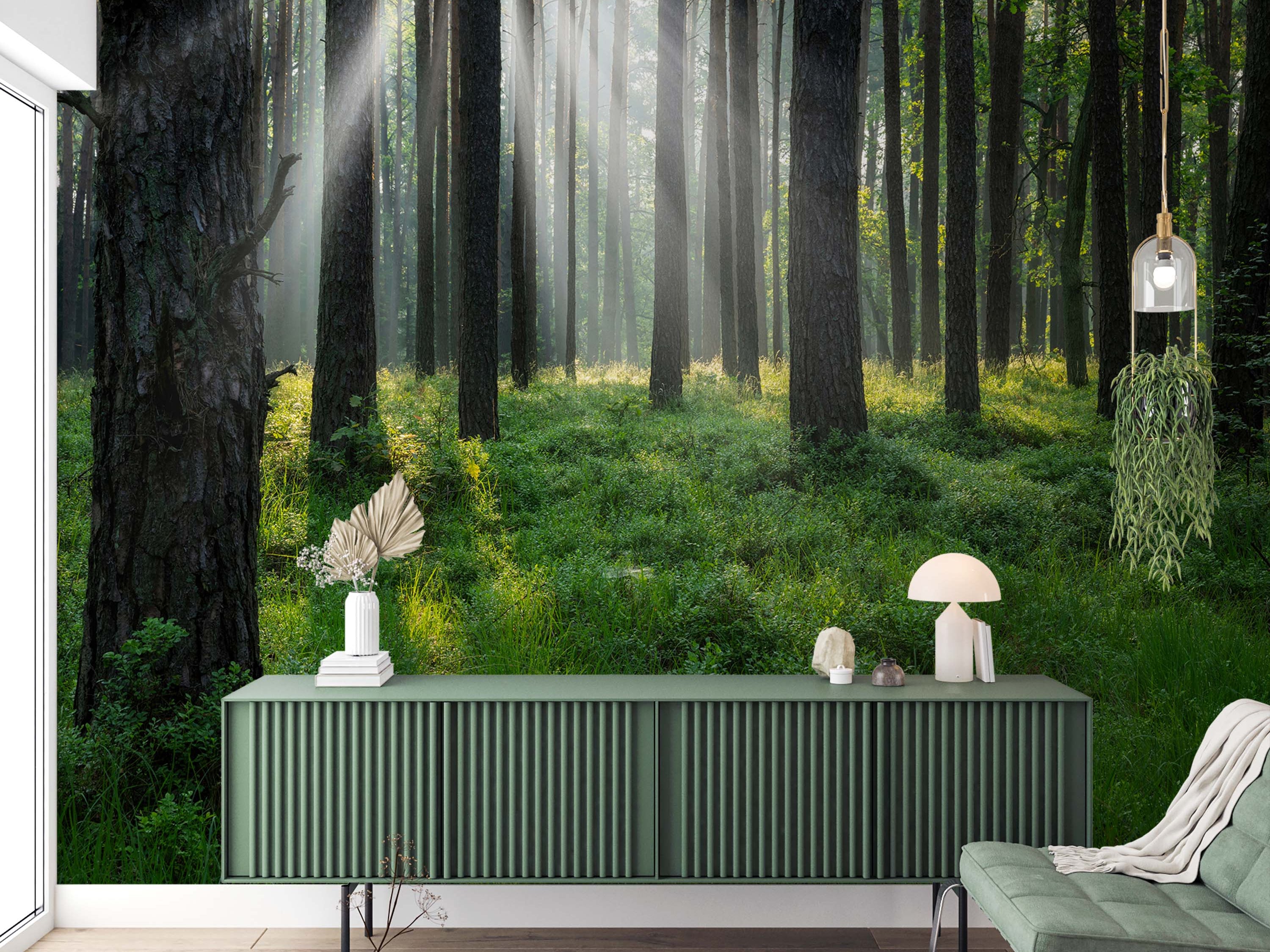 A photorealistic wall mural of a dense forest with sunbeams filtering through tall trees onto a lush, green forest floor.