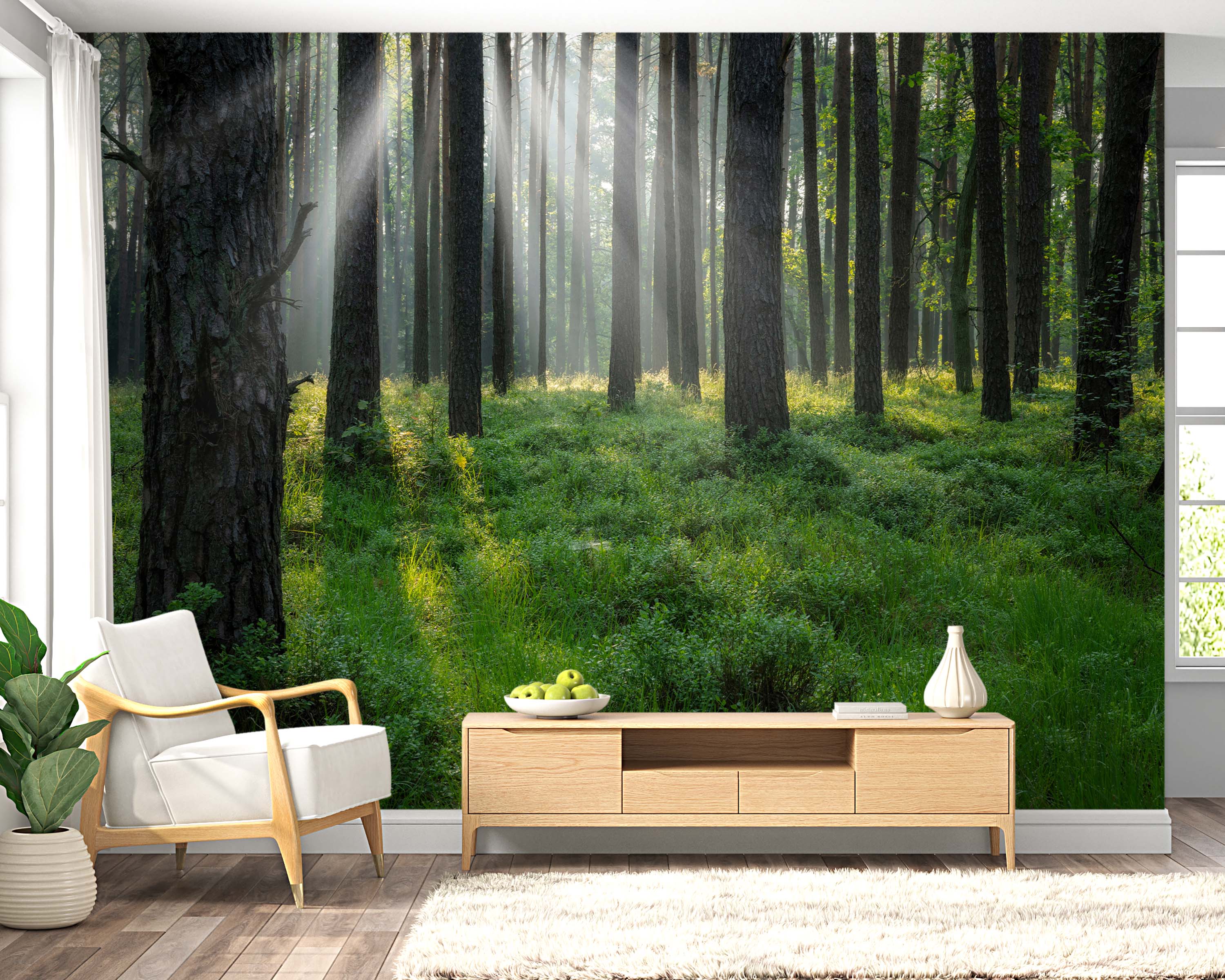 A realistic mural of a sunlit forest, with bright sunbeams filtering through tall trees onto a lush green forest floor.