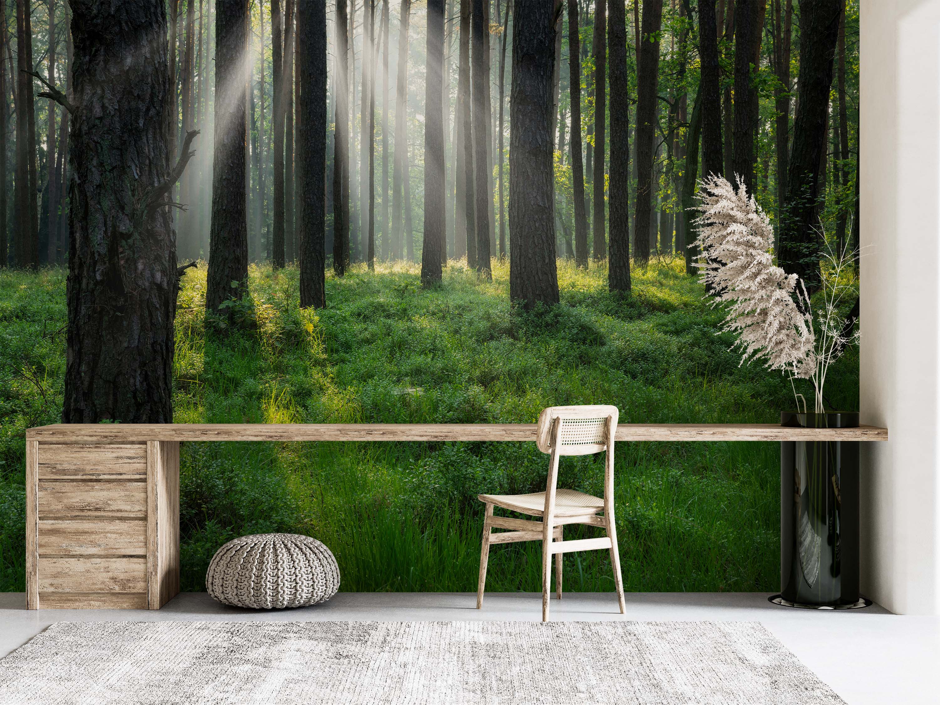 A photorealistic mural of a serene forest with tall trees, a lush green floor, and bright sunbeams filtering through.
