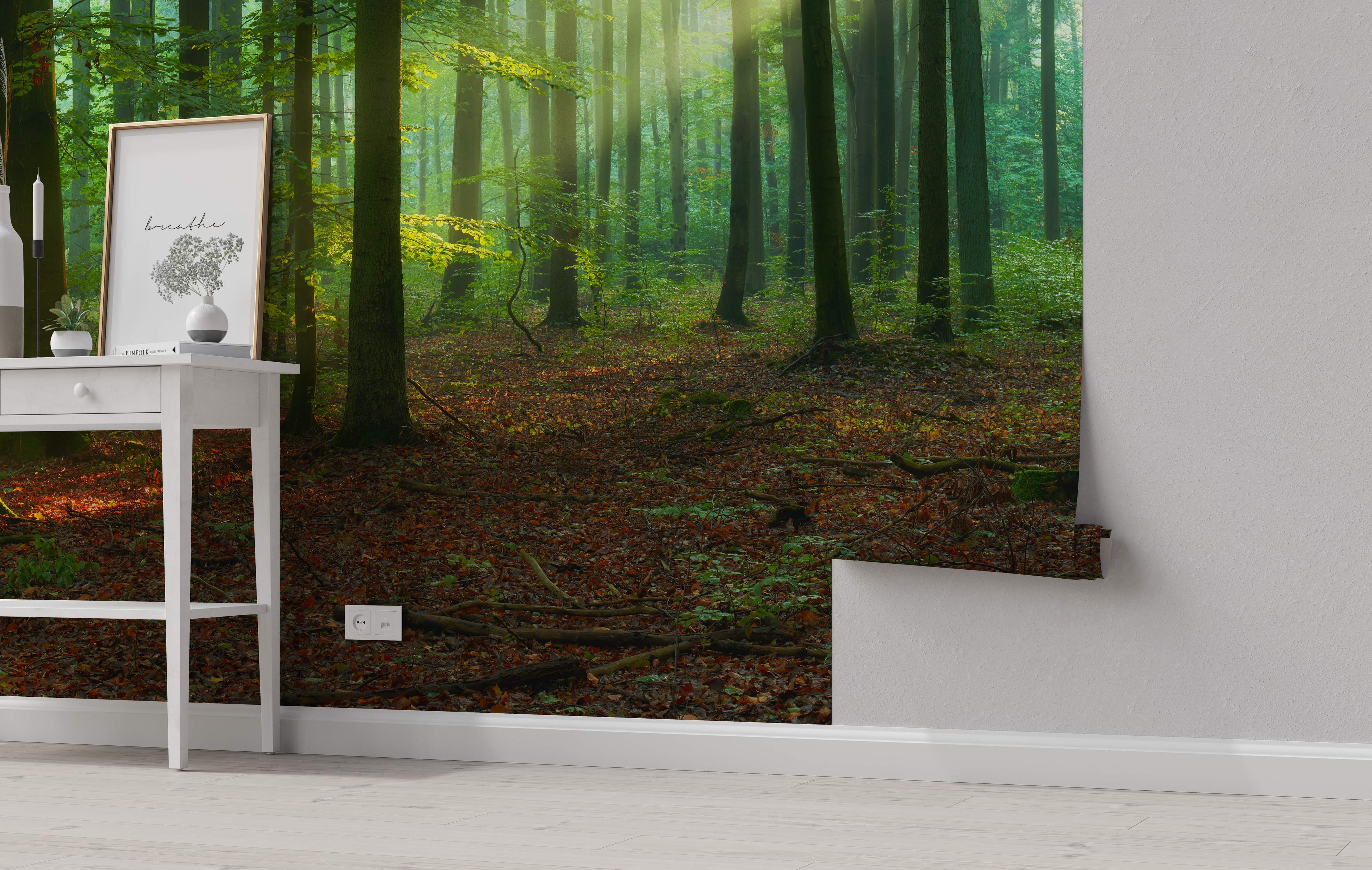 Forest scene mural with sunlight filtering through green trees