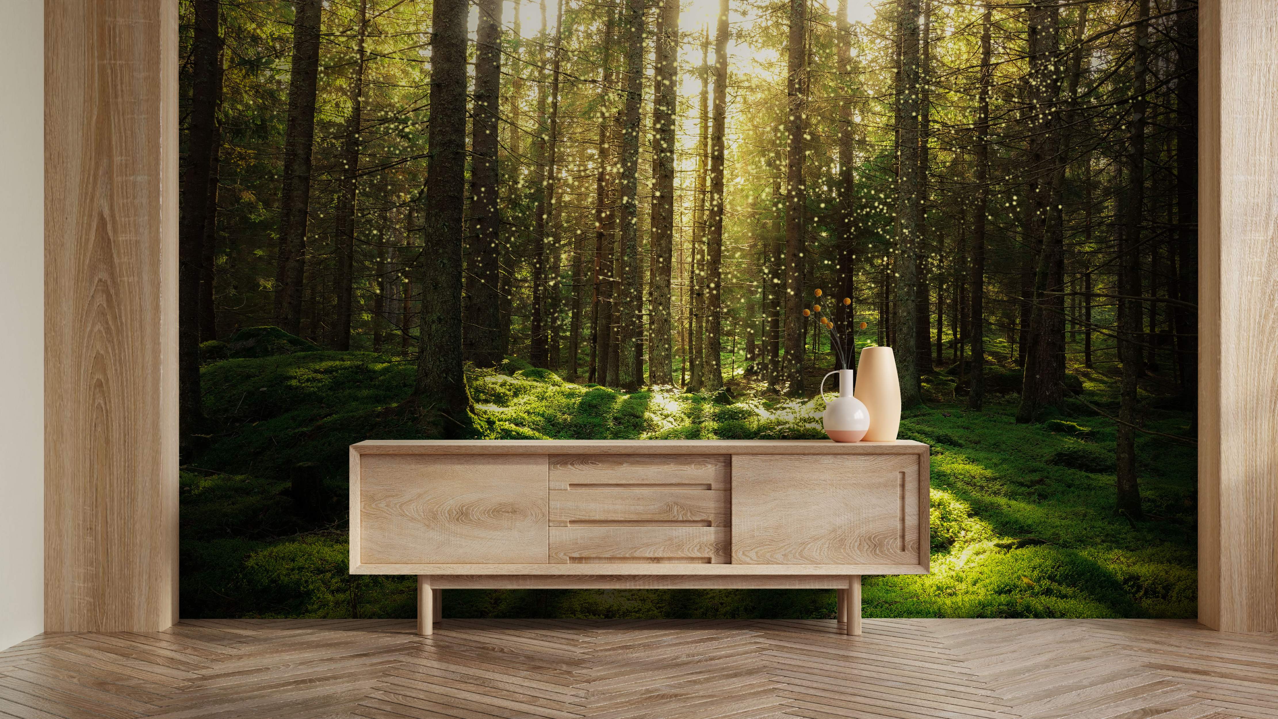 Forest scene with sunlight filtering through trees in a mural design