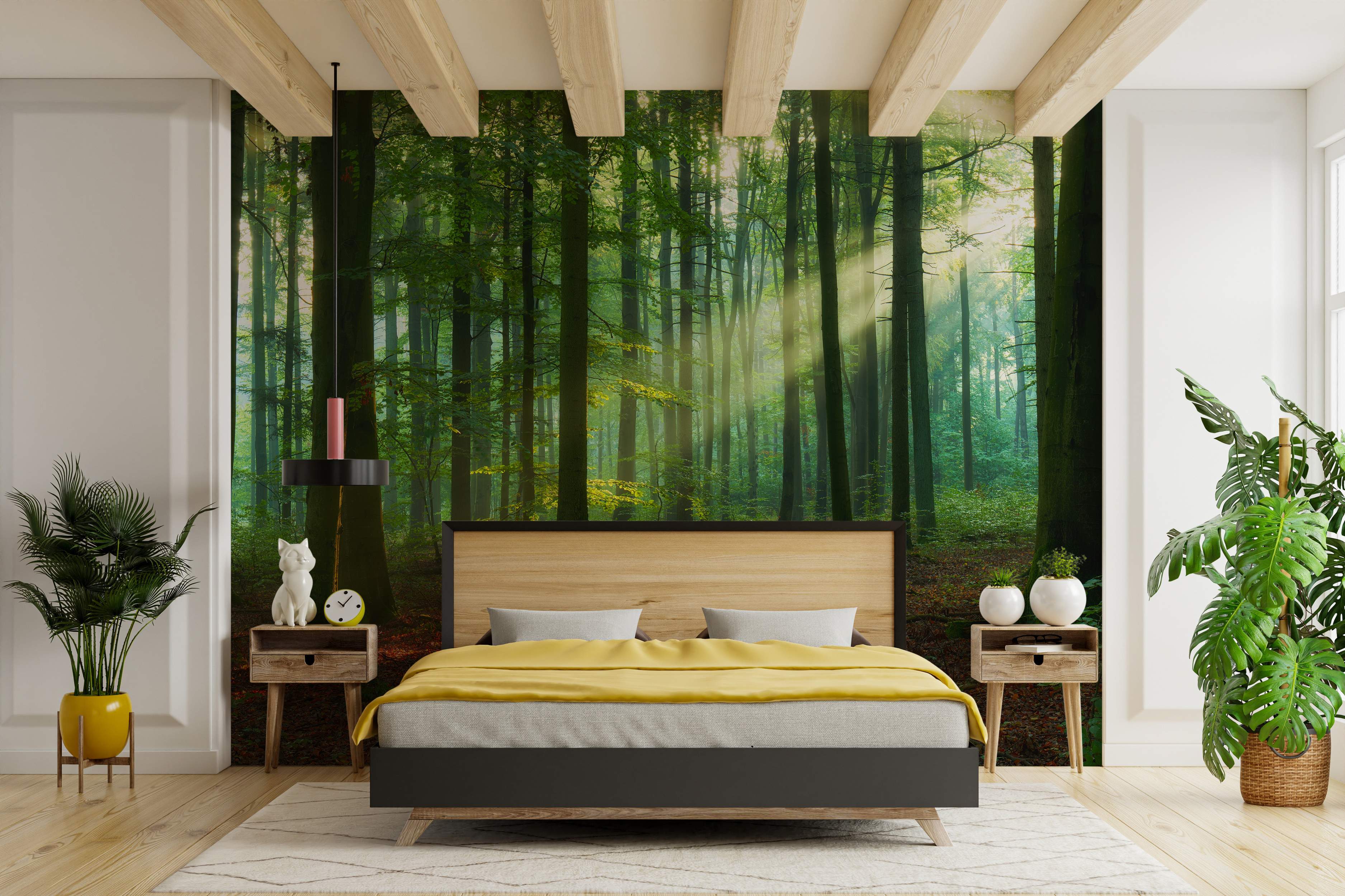 Forest scene mural with sunlight filtering through green trees.