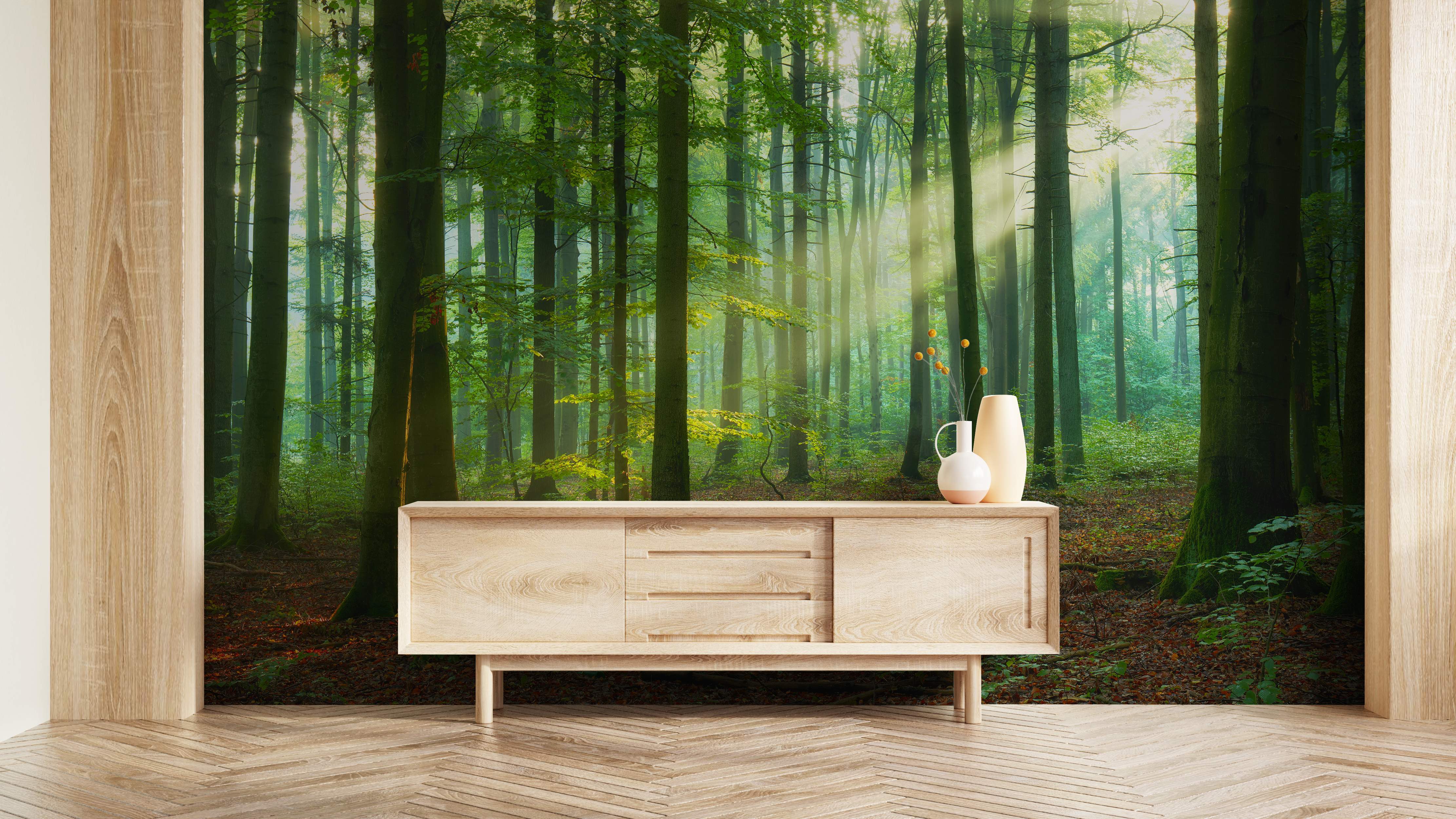 Mural of a forest scene with sunlight filtering through trees