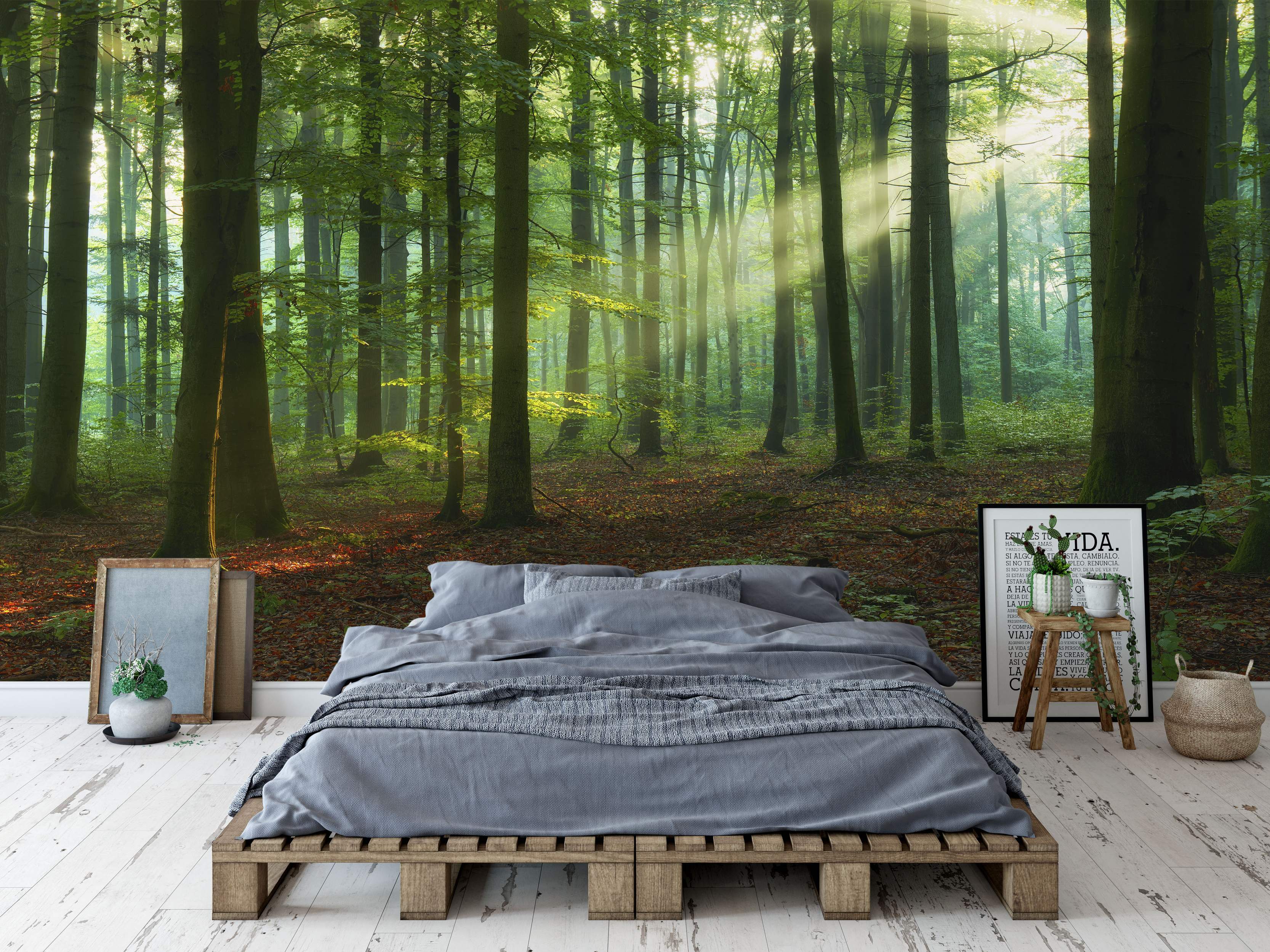 Forest scene mural with sunlight filtering through trees.