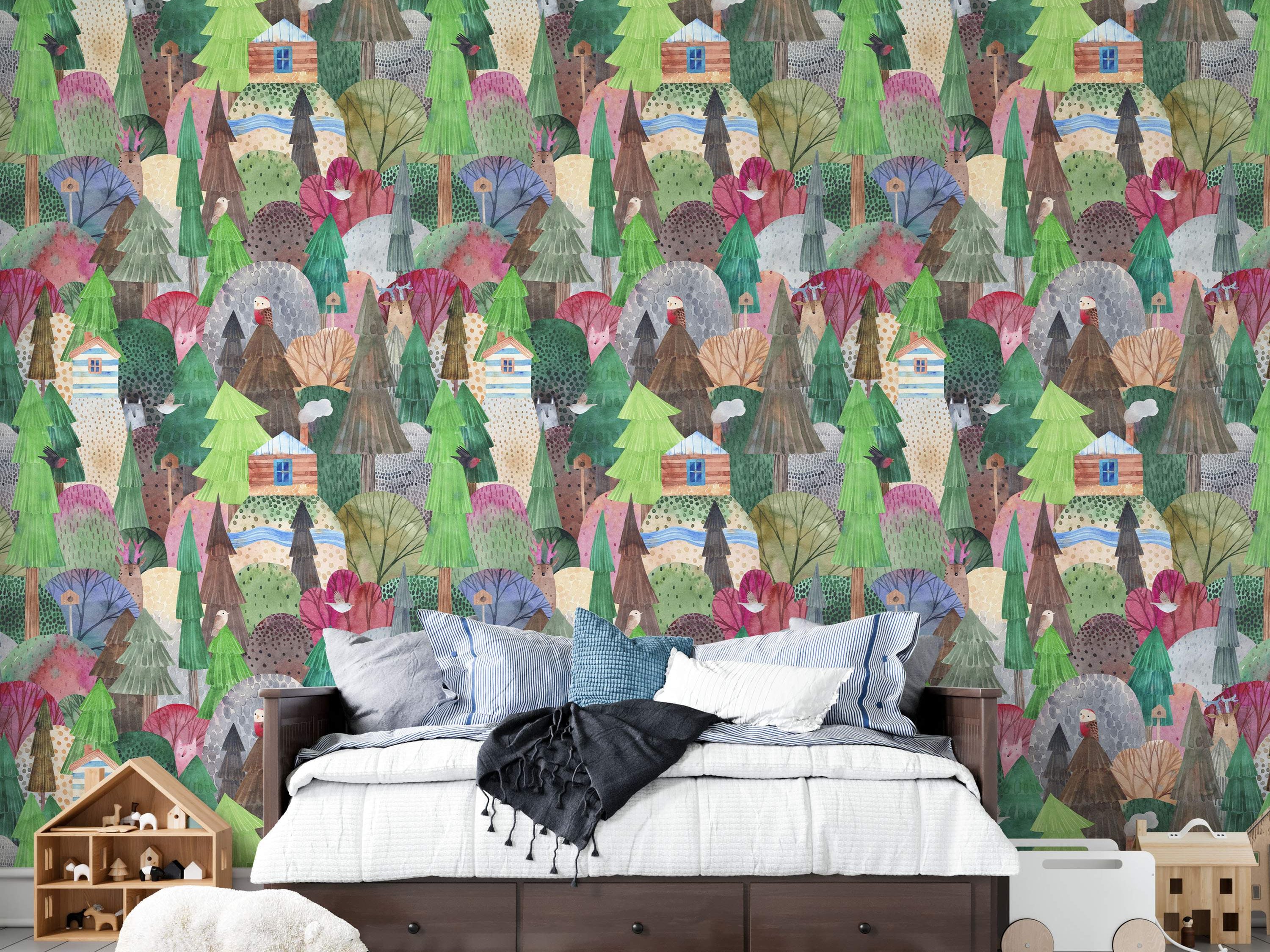 Whimsical watercolor wallpaper showing a colorful forest scene with stylized trees, houses, hills, and hidden animals.