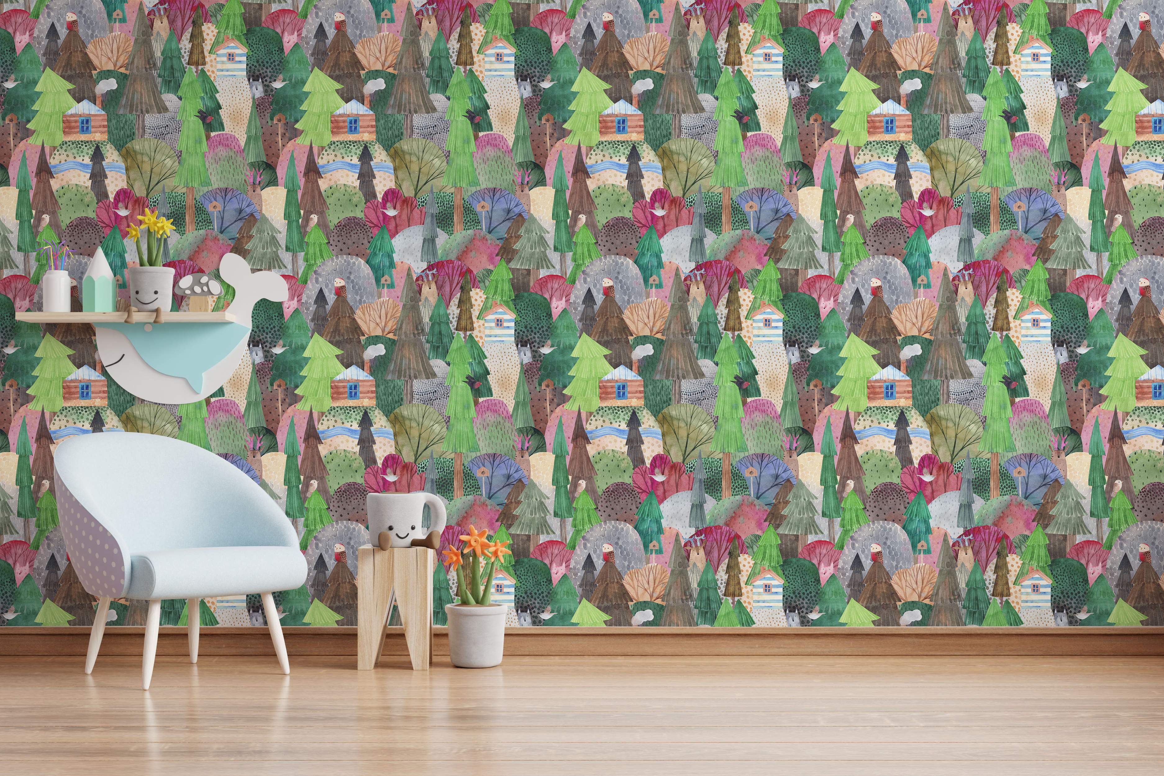 Whimsical forest wallpaper featuring watercolor trees, houses, deer, and birds in various greens, browns, pinks, and blues.