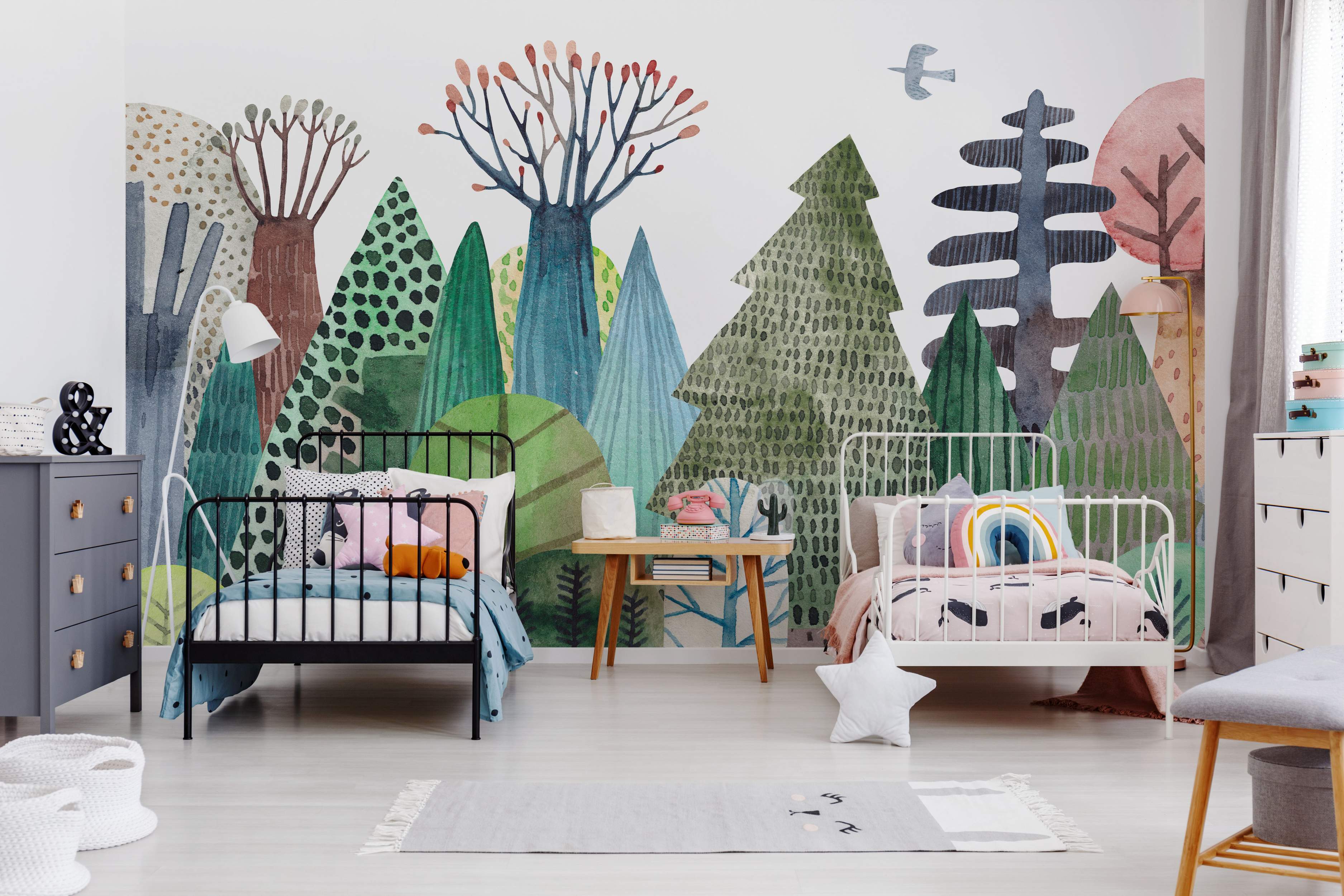 Colorful abstract forest mural with various tree shapes