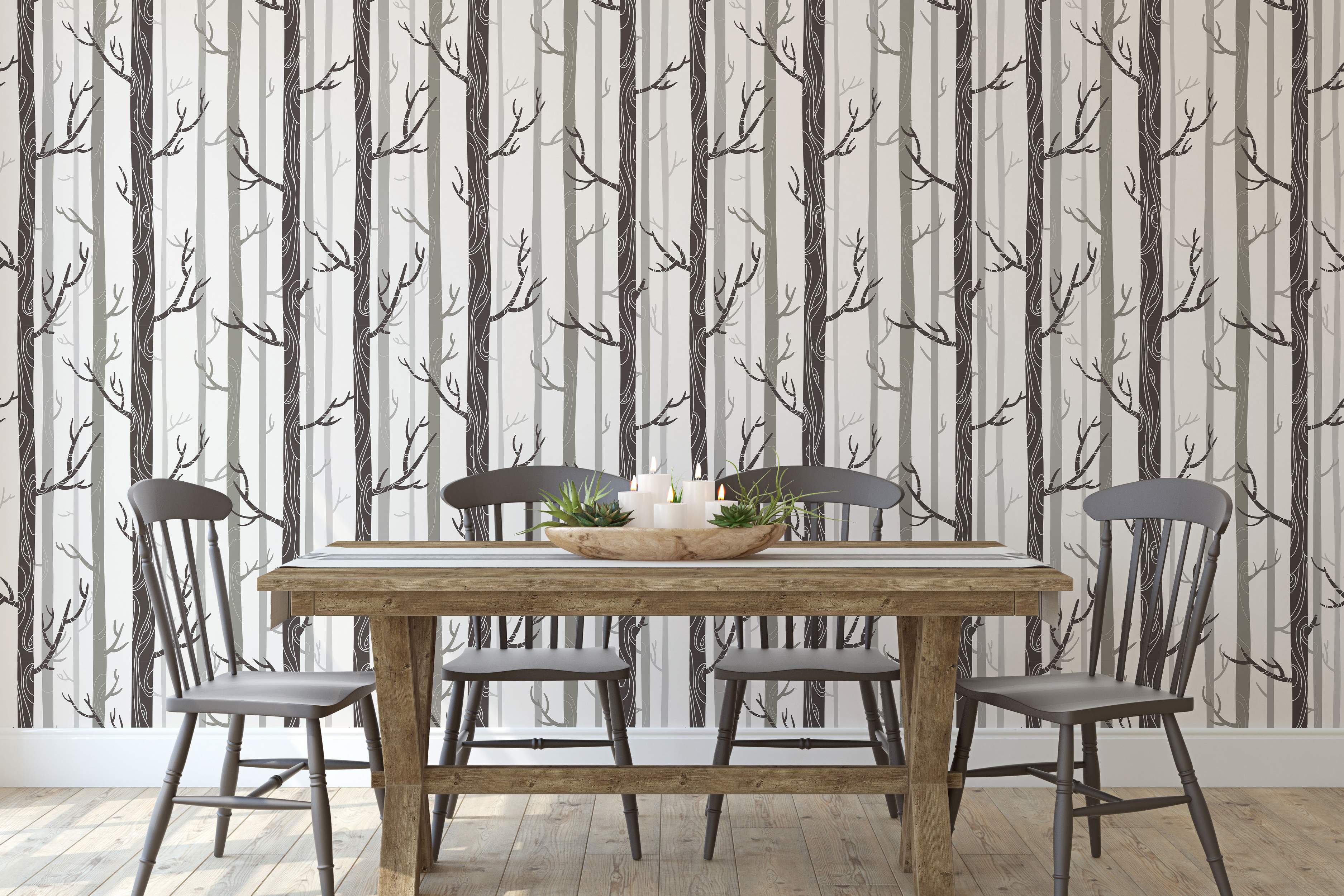 Stylized forest wallpaper with vertical tree trunks in dark brown and grey shades, featuring bare branches on an off-white background.