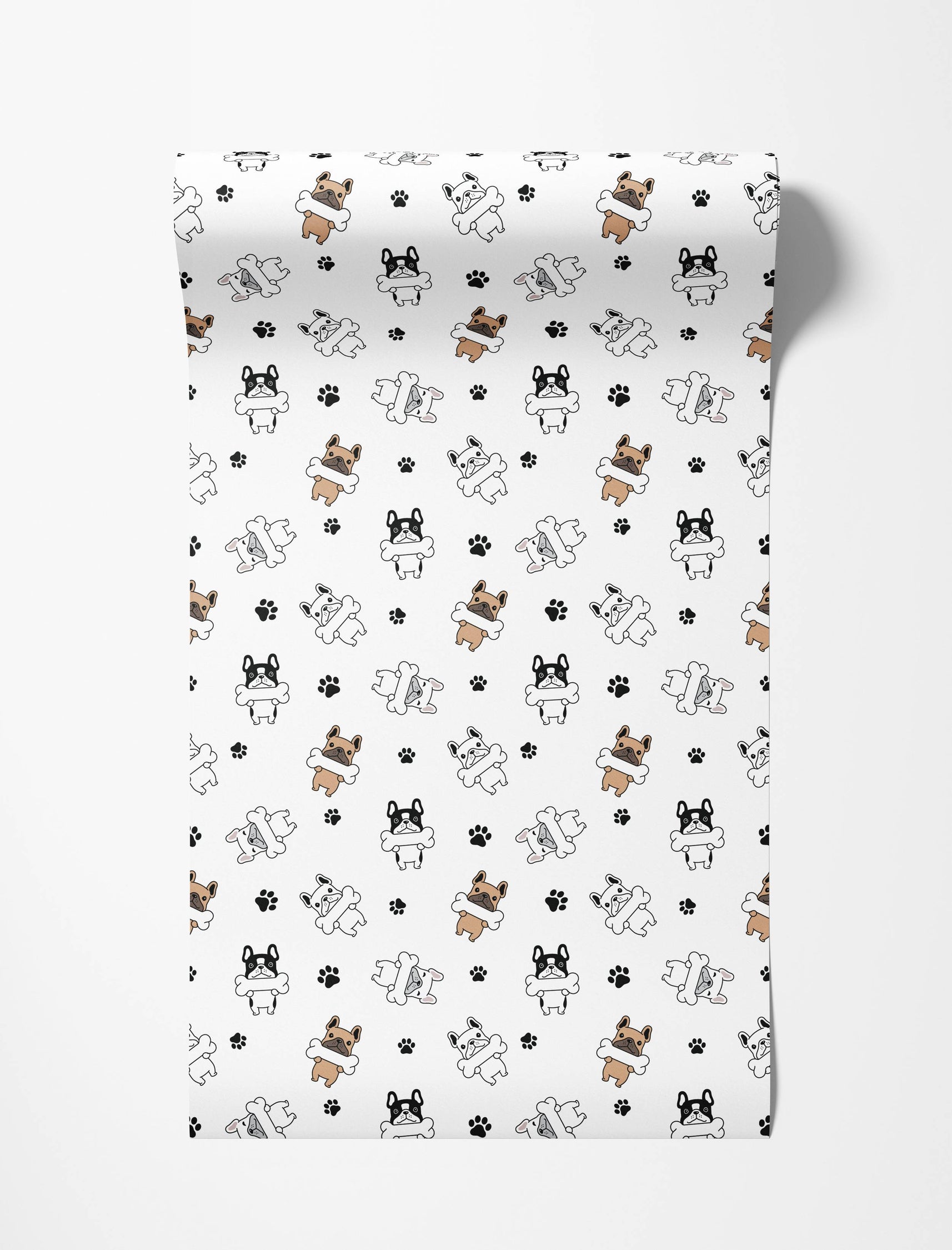 A playful wallpaper featuring cartoon French bulldogs in brown, black, and white holding bones, with black paw prints on a white field.