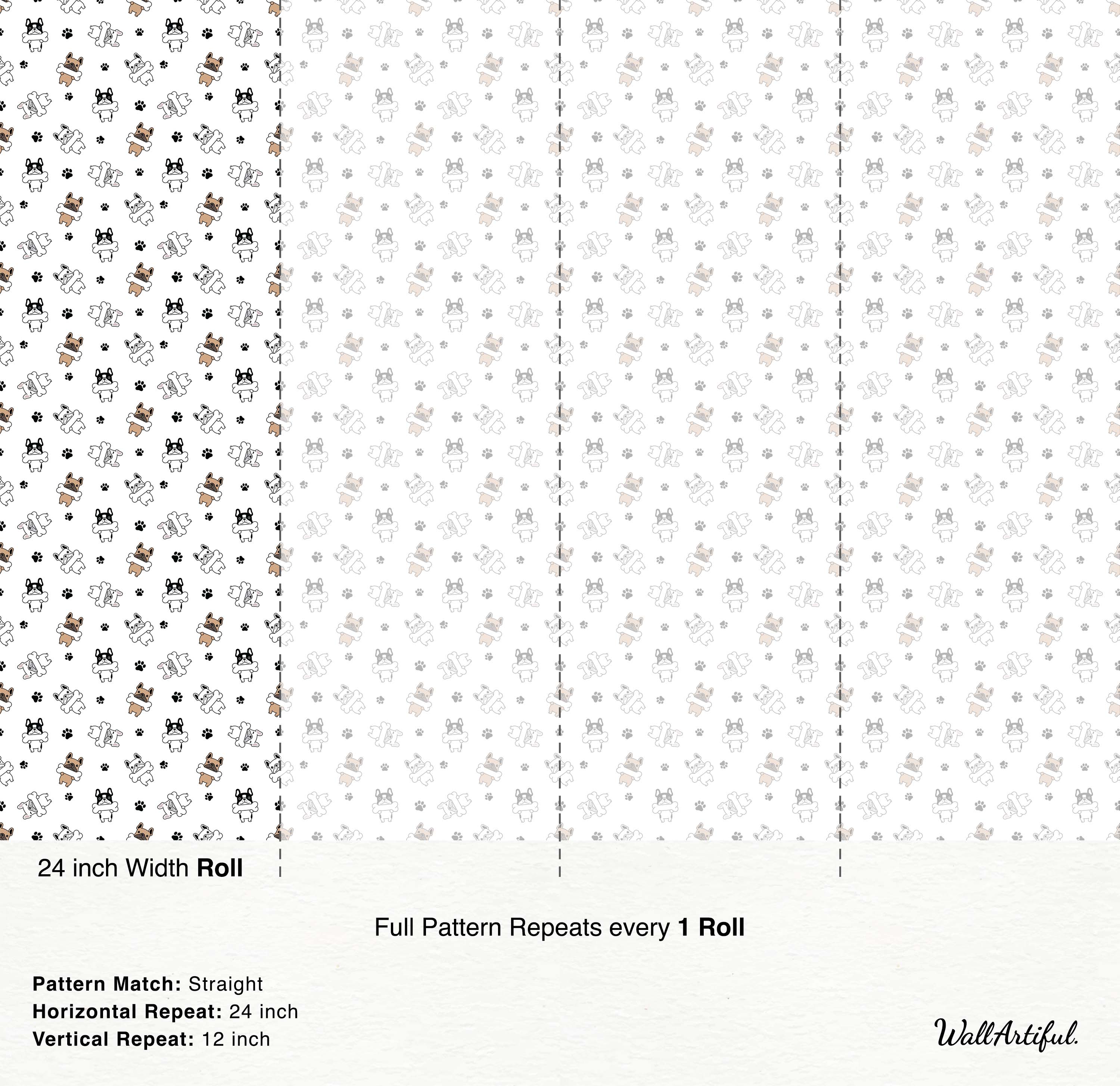 A playful wallpaper with a pattern of cartoon French bulldogs in tan, black, and white, scattered with black paw prints.