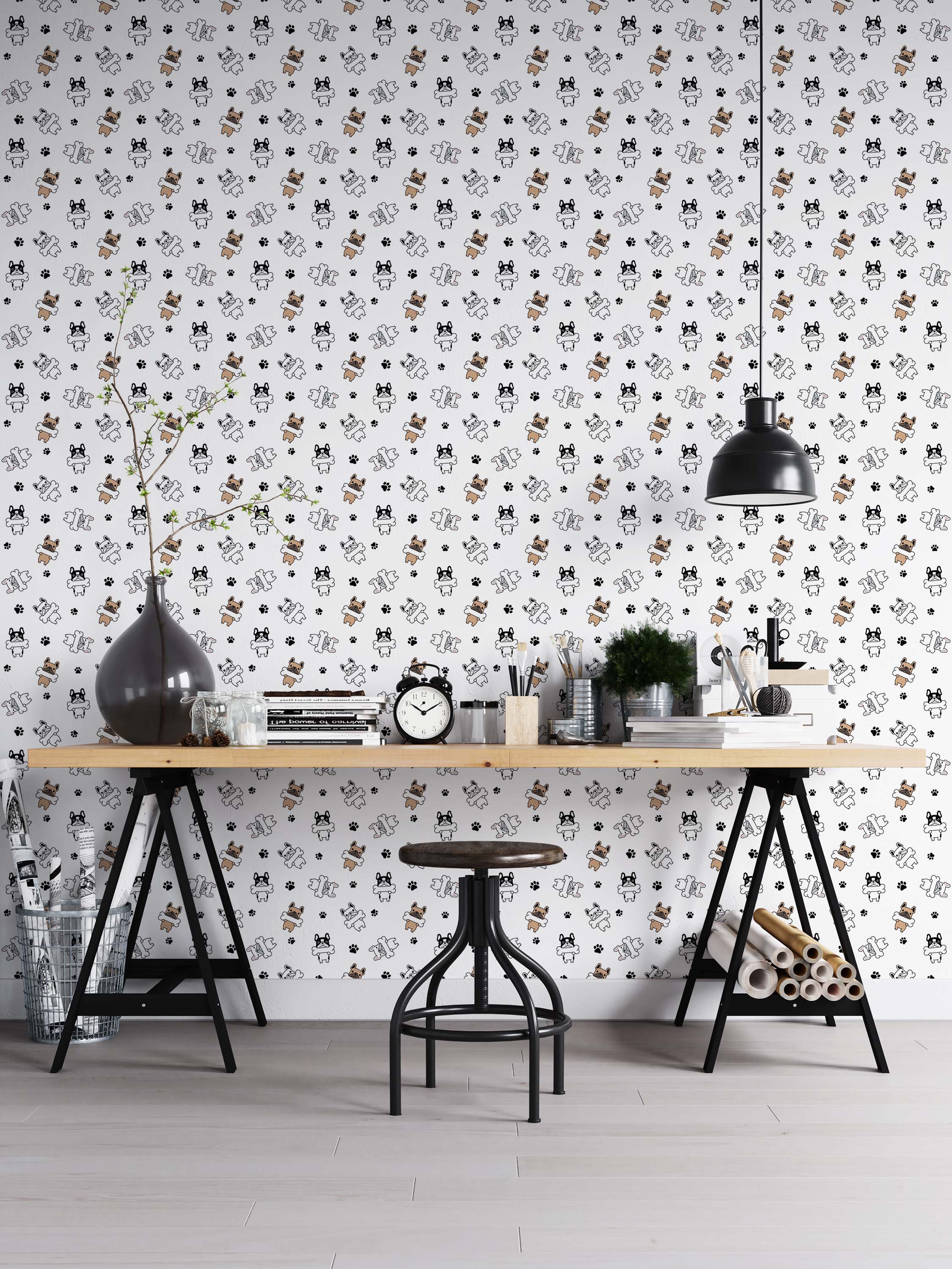 A playful wallpaper featuring a pattern of cartoon French bulldogs in black, white, and tan, with black paw prints.