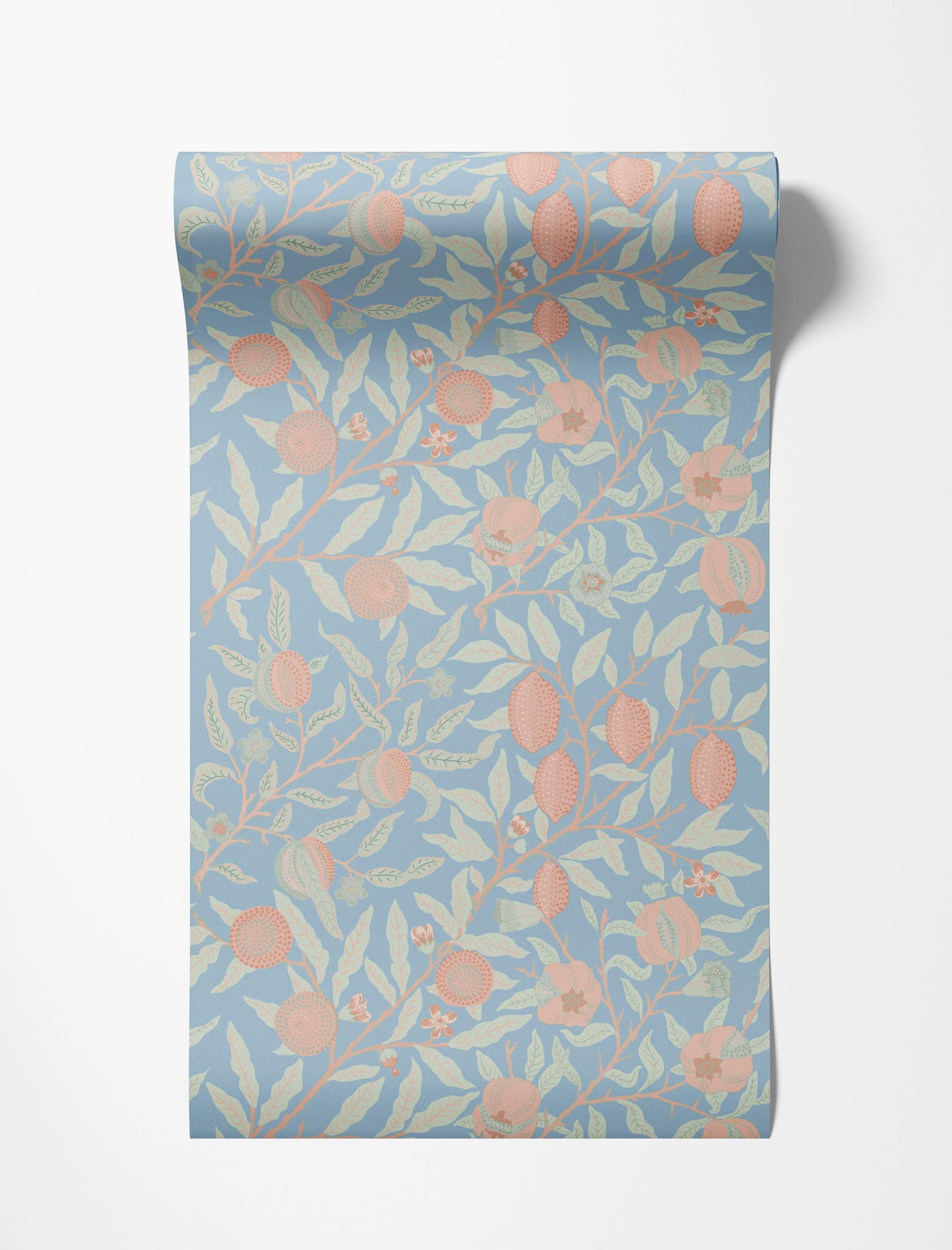 Botanical wallpaper featuring pink fruit, sage green leaves, and delicate flowers on a light blue background.