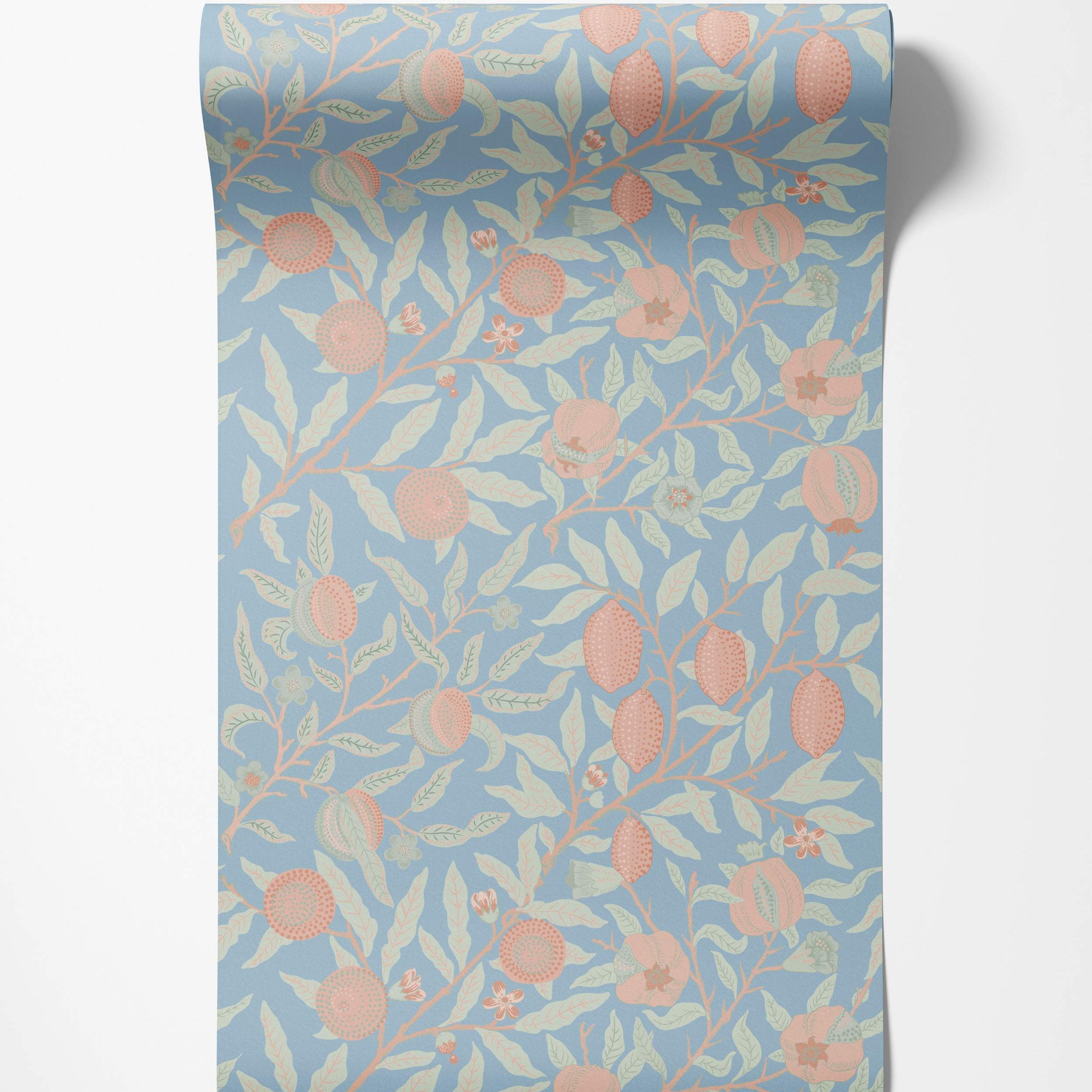 Botanical wallpaper featuring pink fruit, sage green leaves, and delicate flowers on a light blue background.