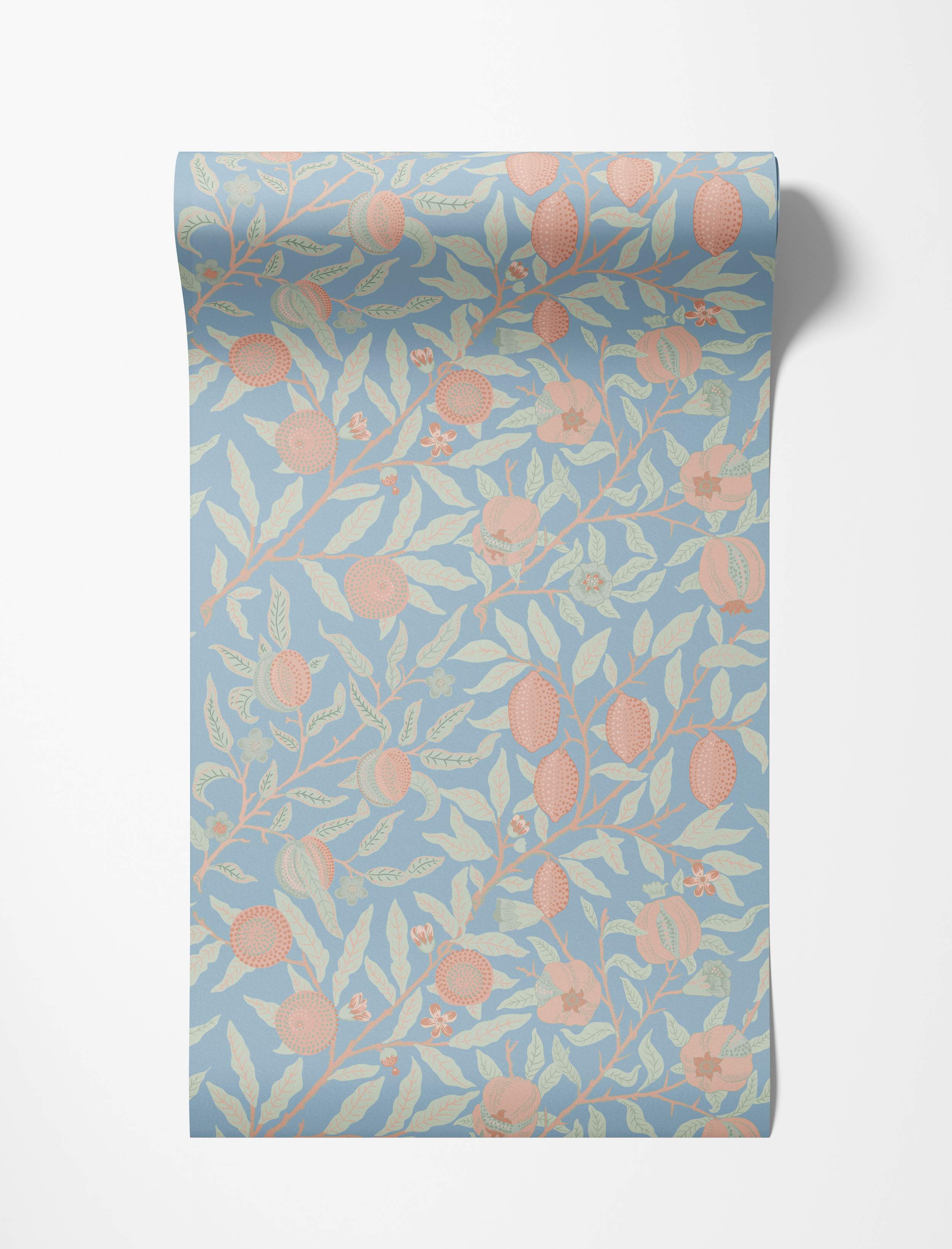 Botanical wallpaper featuring pink fruit, sage green leaves, and delicate flowers on a light blue background.