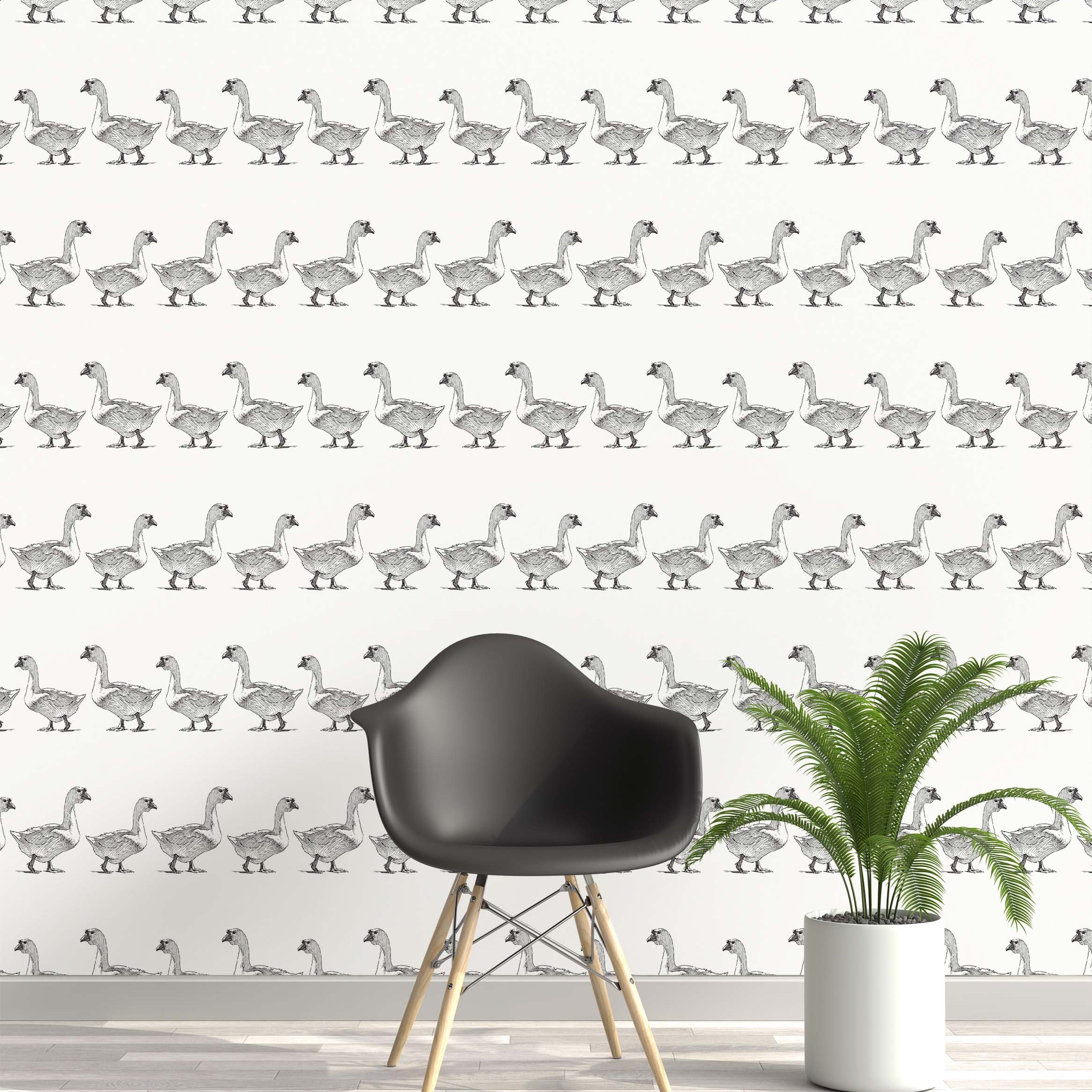 Wallpaper with a repeating pattern of hand-sketched geese in black ink on a white background, arranged in horizontal rows.
