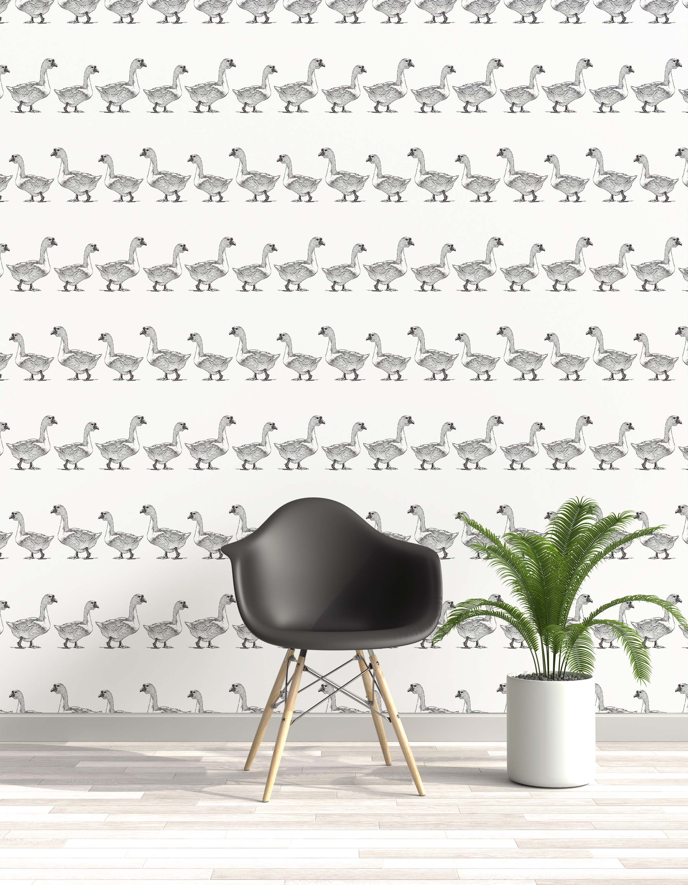 Wallpaper with a repeating pattern of hand-sketched geese in black ink on a white background, arranged in horizontal rows.