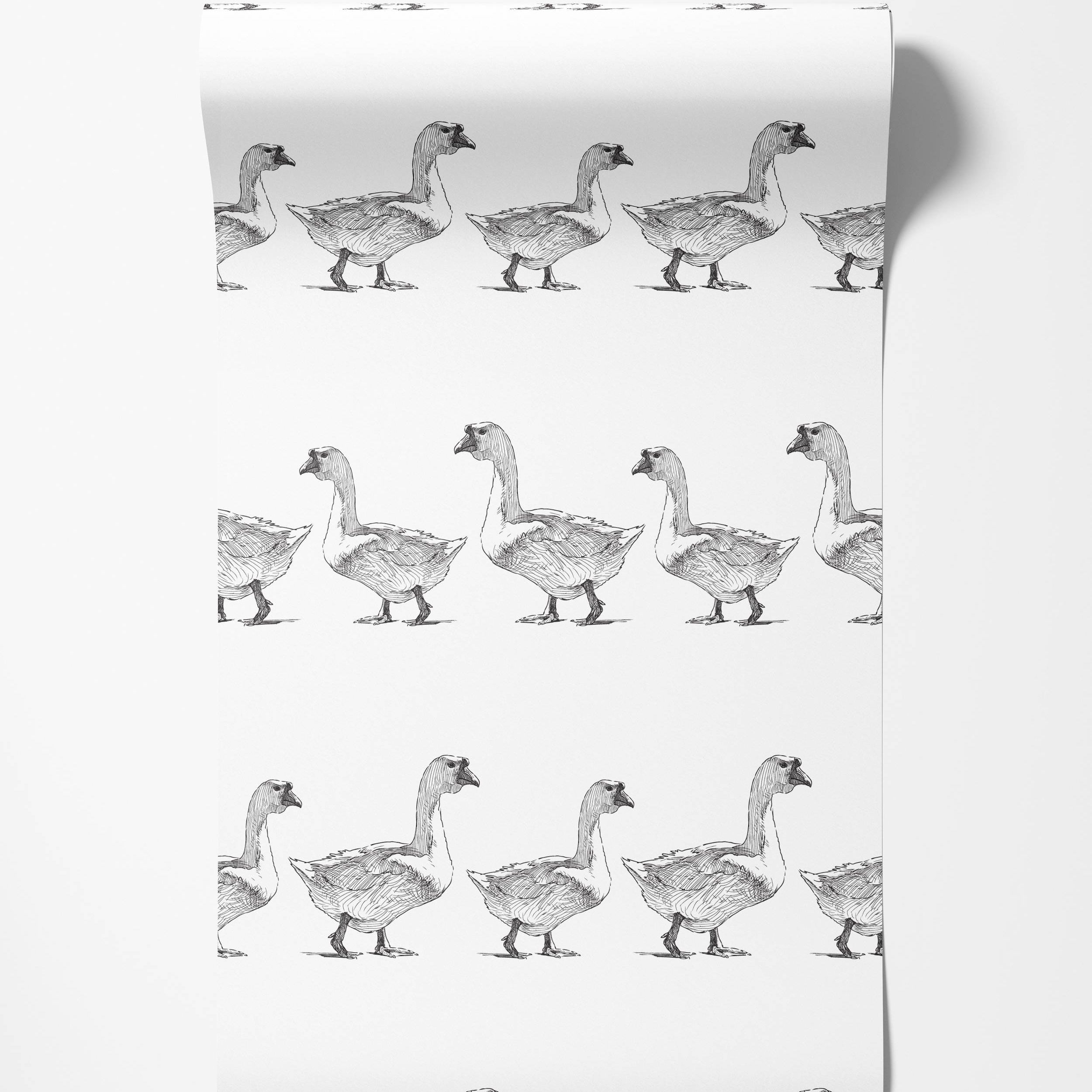 A wallpaper with a repeating pattern of sketched geese in black ink on a white background, arranged in rows.