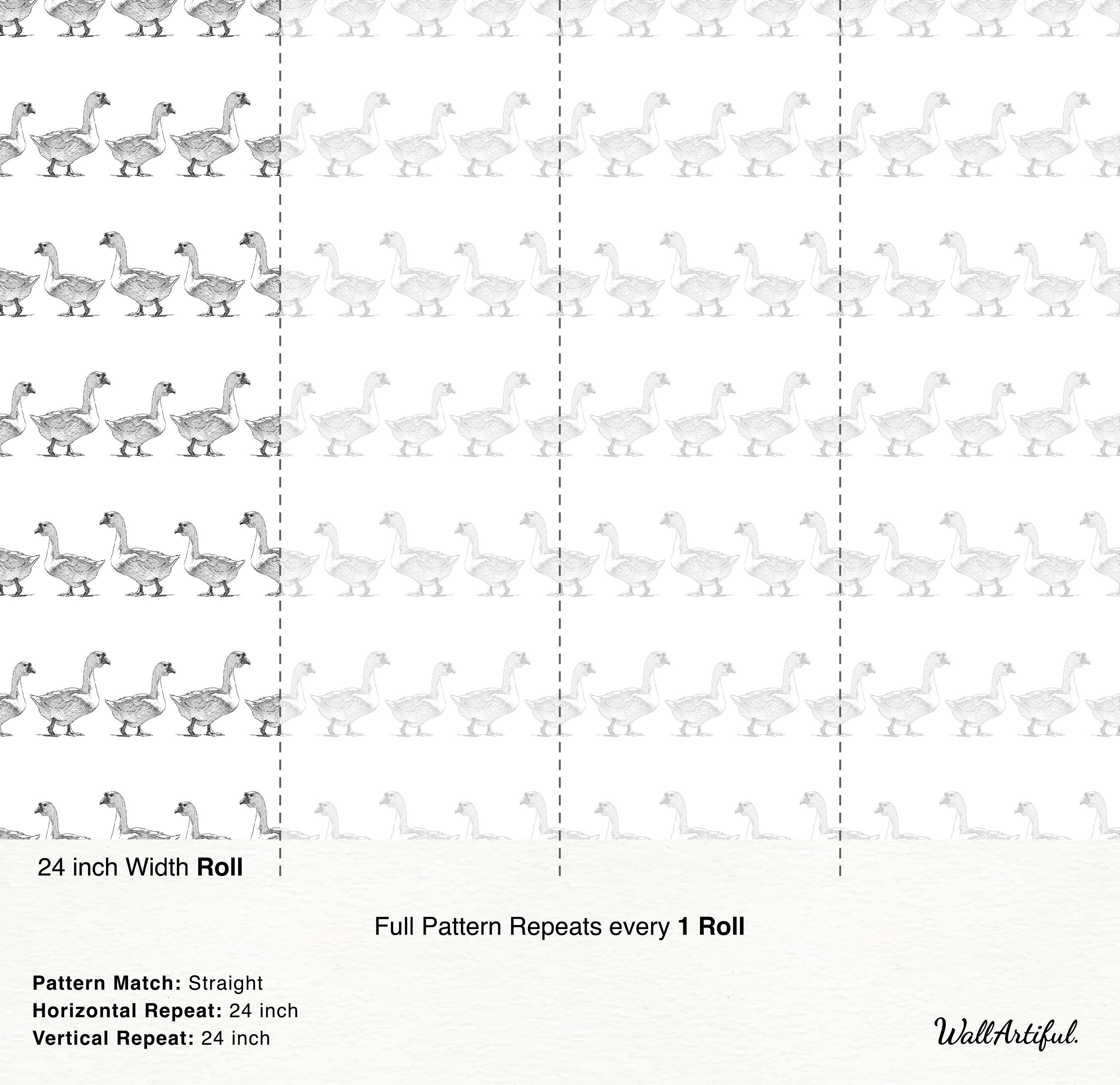 A monochrome wallpaper featuring repeating rows of geese in a black and white hand-sketched style on a white background.