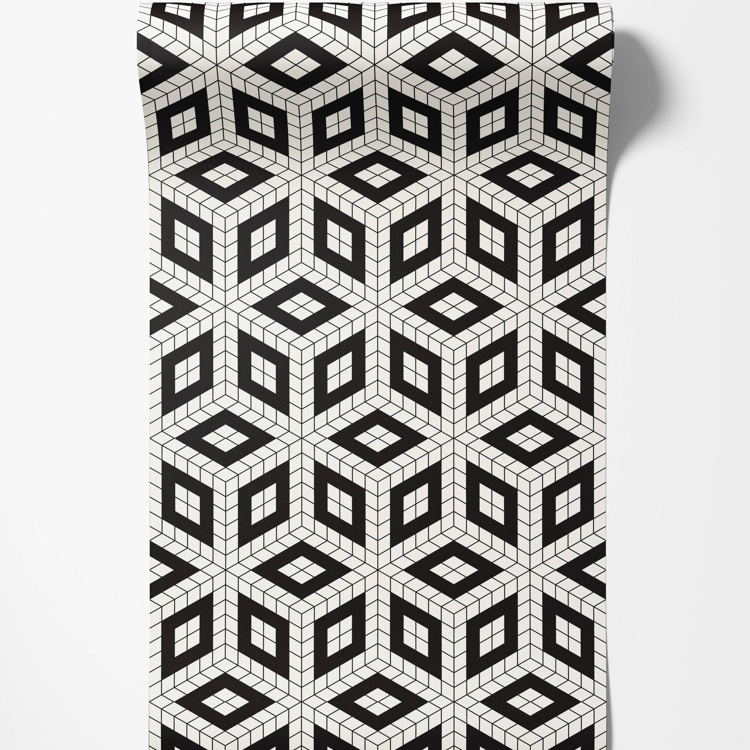 Geometric wallpaper featuring a repeating black and white pattern creating an optical illusion of 3D cubes.