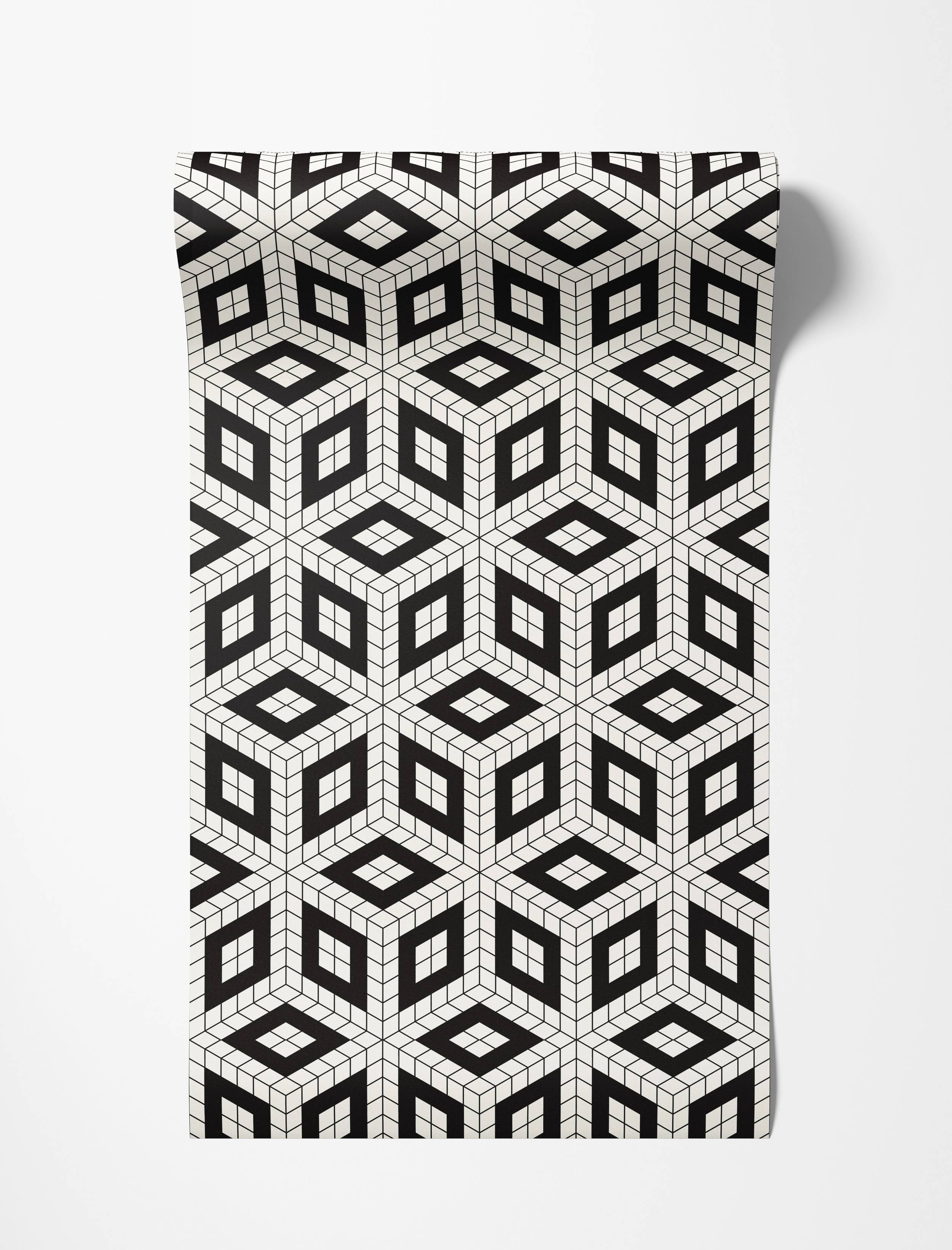 Geometric wallpaper featuring a repeating black and white pattern creating an optical illusion of 3D cubes.