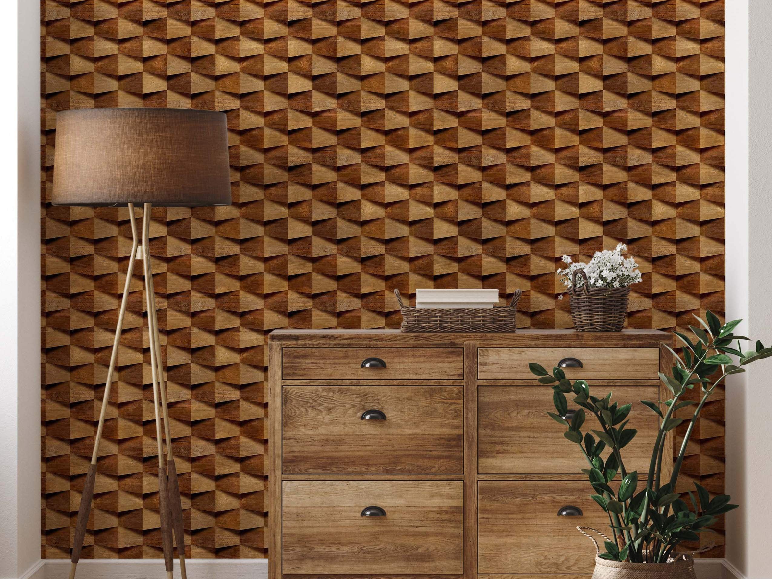 Wallpaper featuring a repeating geometric pattern of 3D wood-effect blocks in various shades of brown and tan.