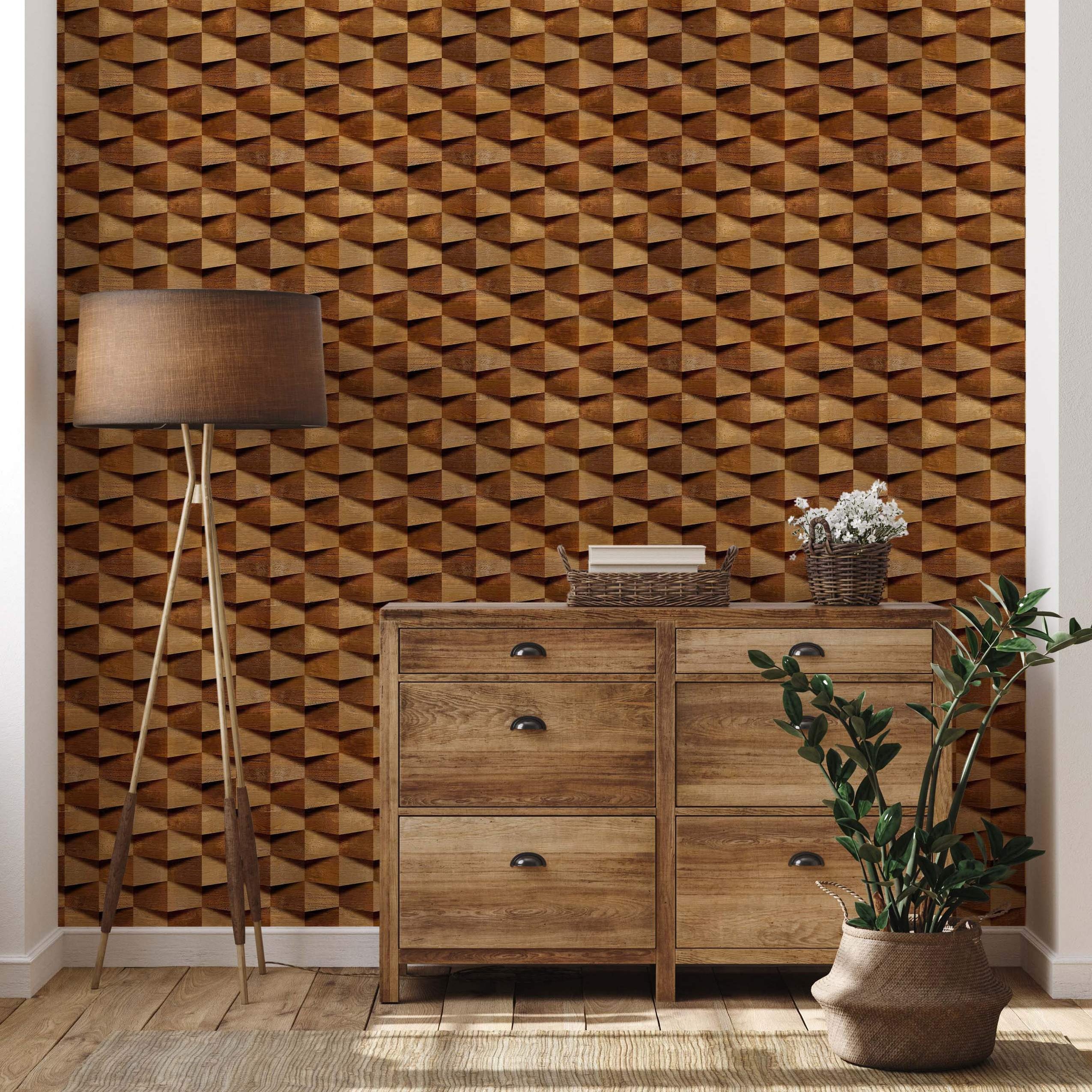 Wallpaper featuring a repeating geometric pattern of 3D wood-effect blocks in various shades of brown and tan.