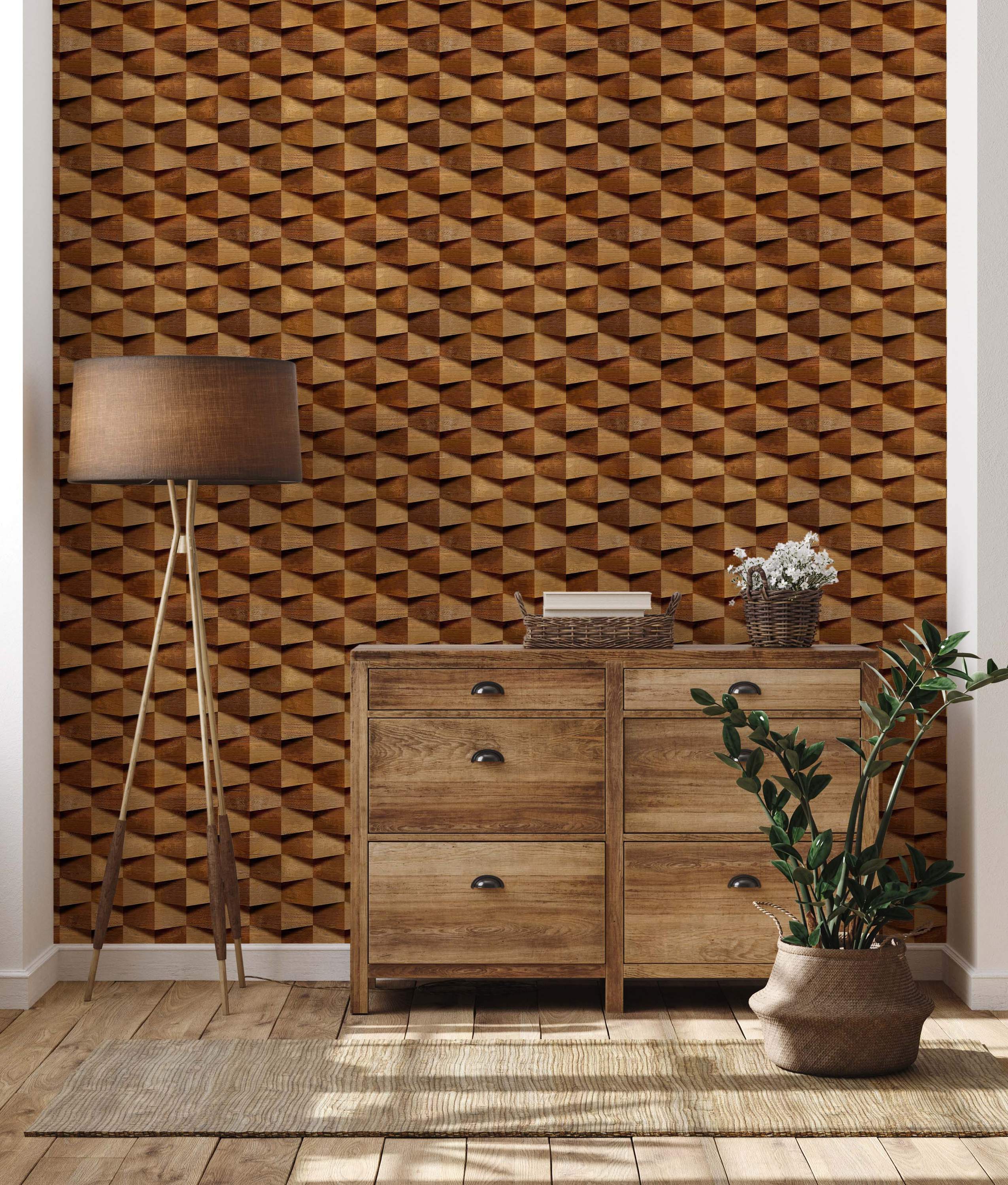 Wallpaper featuring a repeating geometric pattern of 3D wood-effect blocks in various shades of brown and tan.