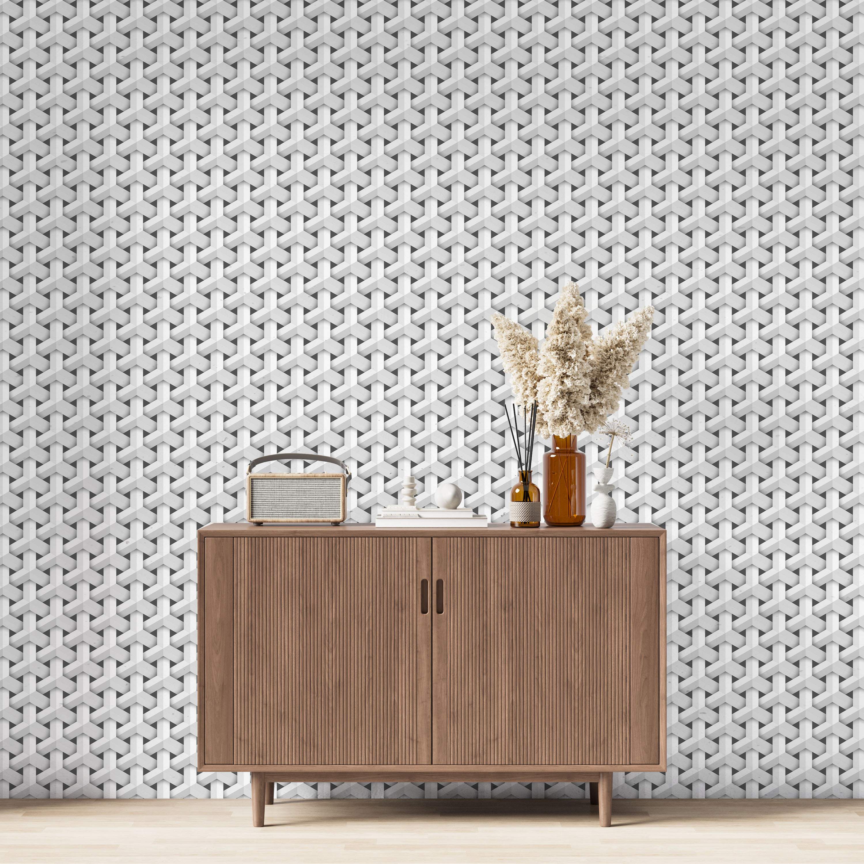 Wallpaper showcasing a three-dimensional geometric woven pattern with interlocking Y-shapes in white and gray tones.
