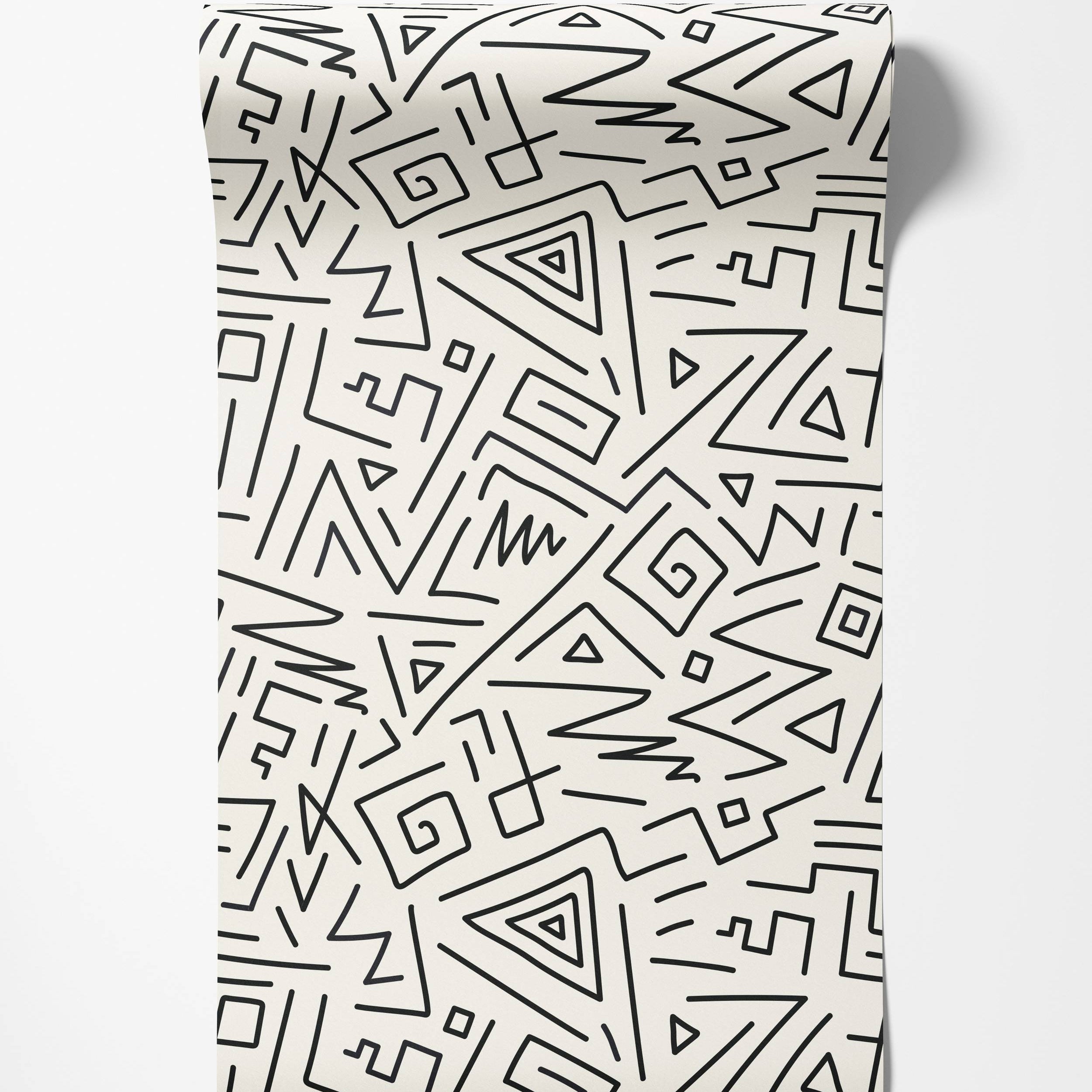 Wallpaper with an abstract geometric design of black lines, triangles, and squares on a cream background.
