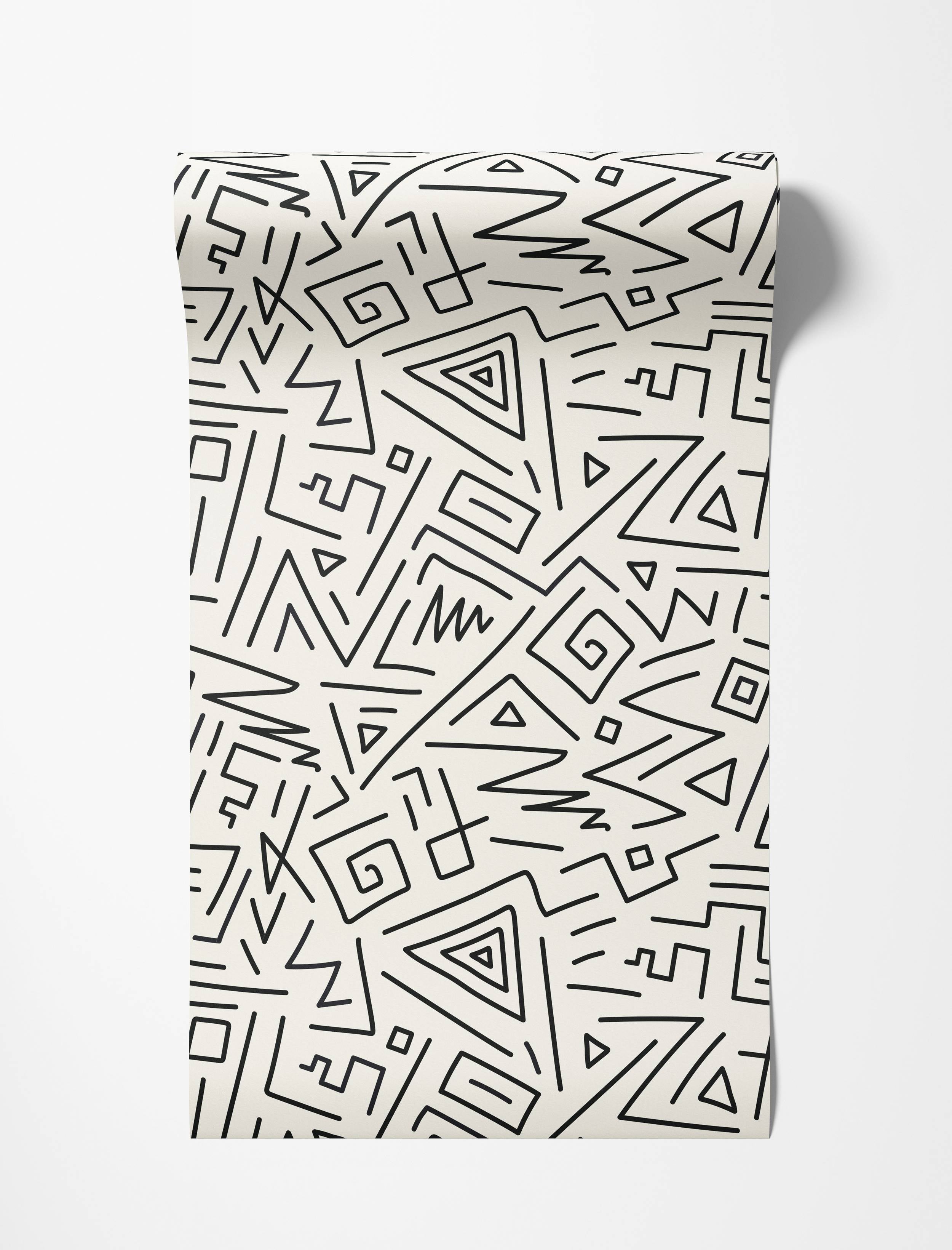 Wallpaper with an abstract geometric design of black lines, triangles, and squares on a cream background.