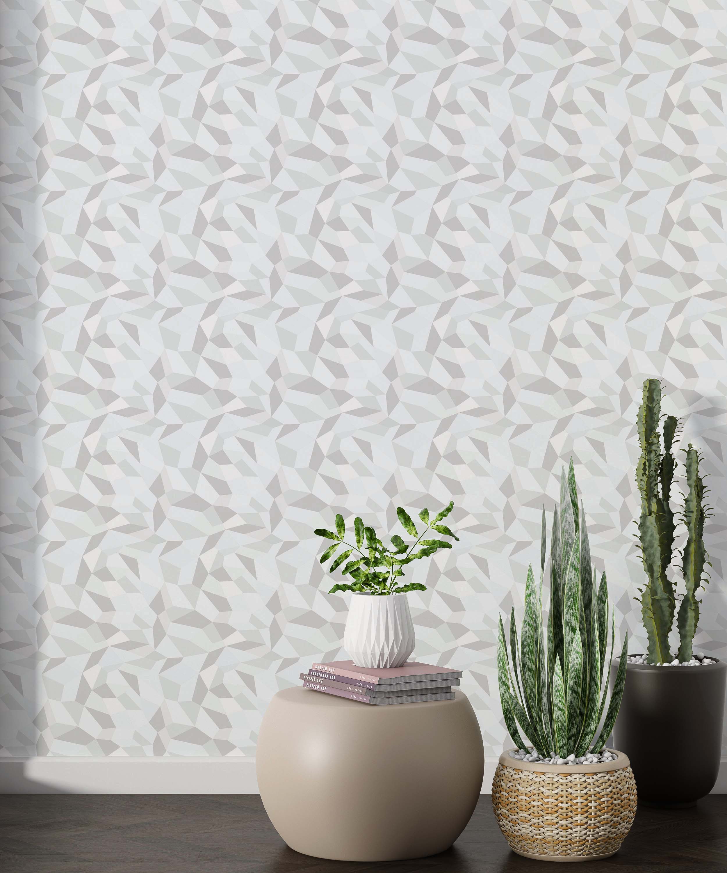 Abstract geometric wallpaper with a low-poly design in shades of light gray, white, and pale beige, creating a subtle textured effect.