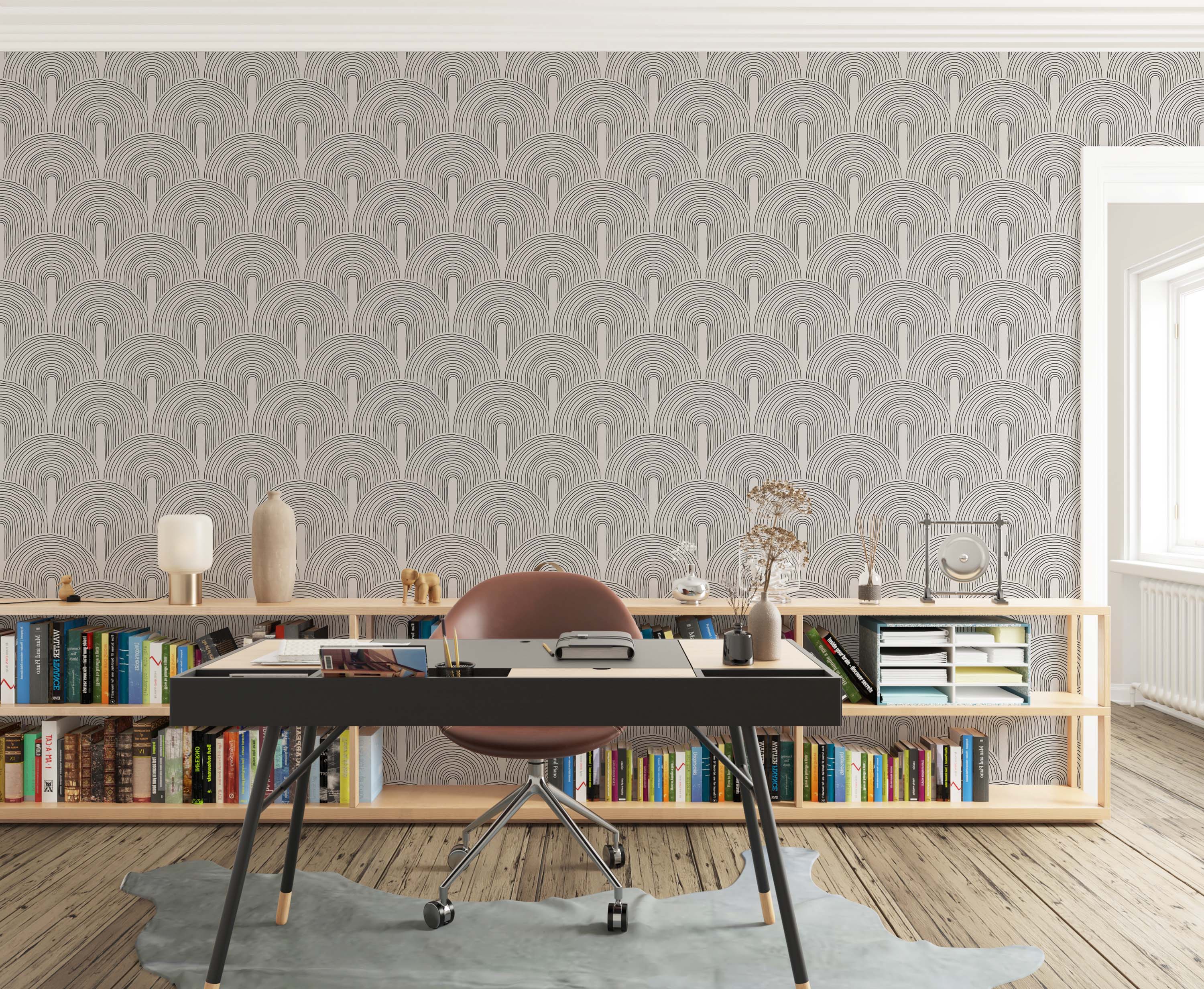 Wallpaper with a geometric pattern of hand-drawn black line arches repeating across a light beige background.