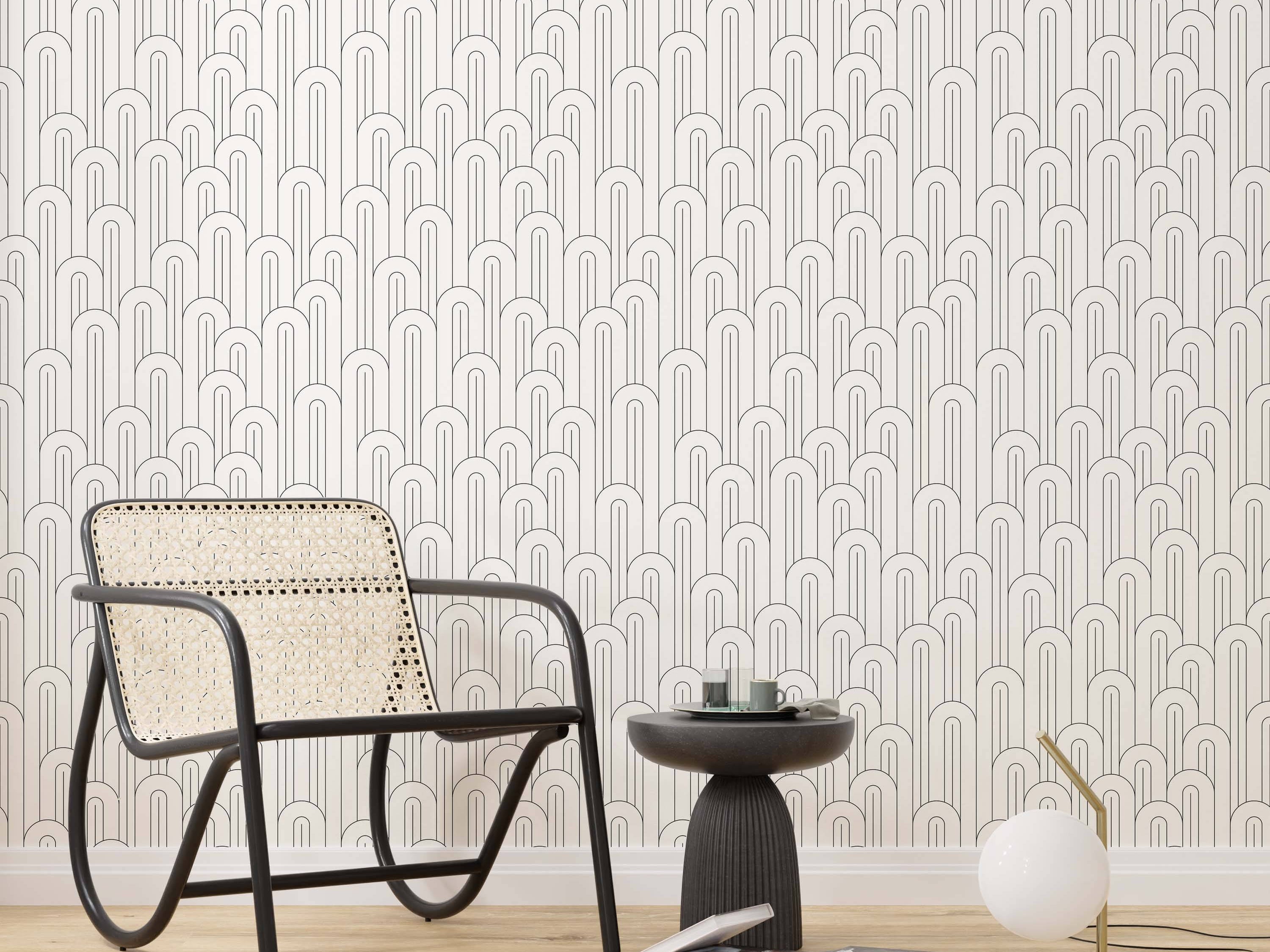 Art deco style wallpaper with overlapping black-lined arches on a white background.