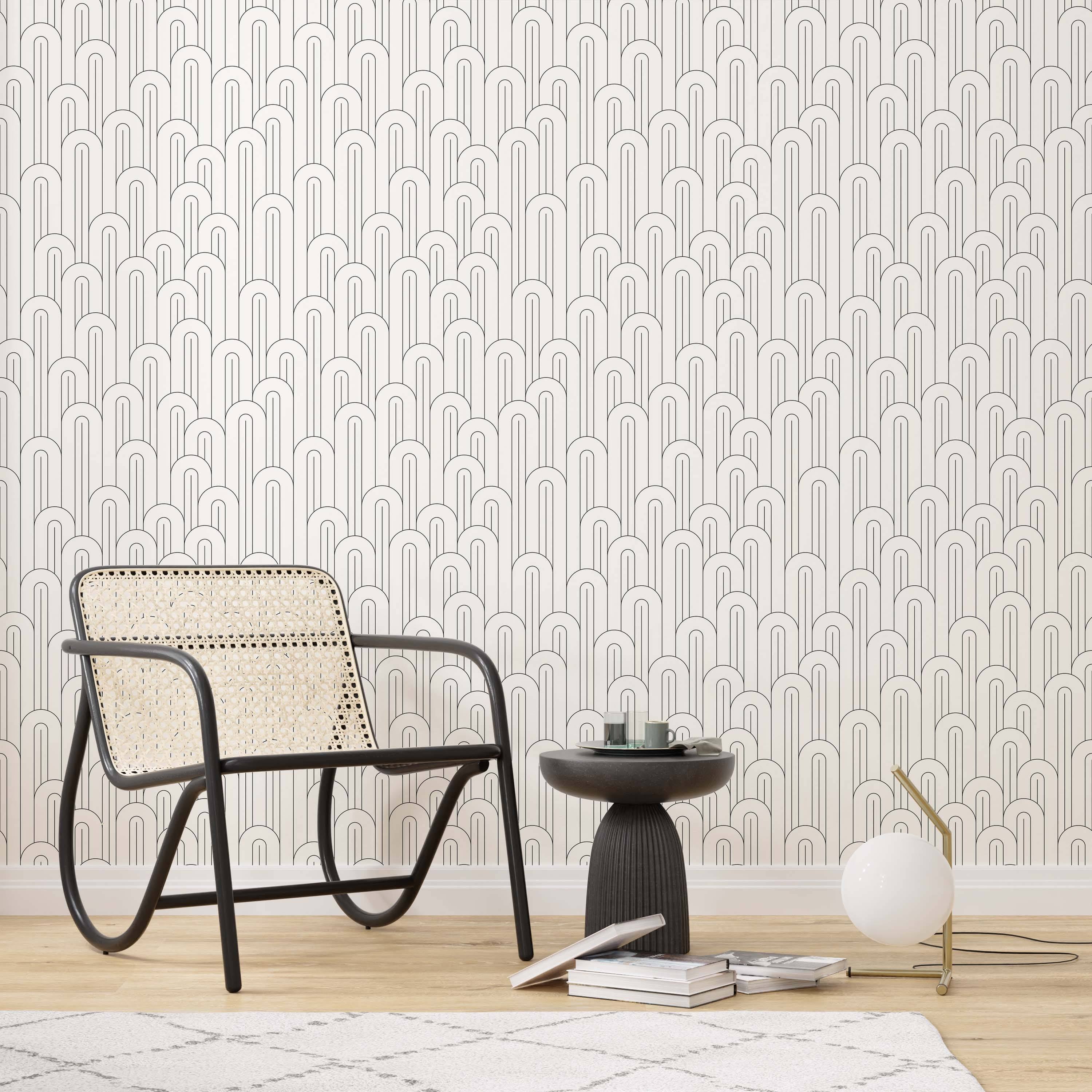 Art deco style wallpaper with overlapping black-lined arches on a white background.