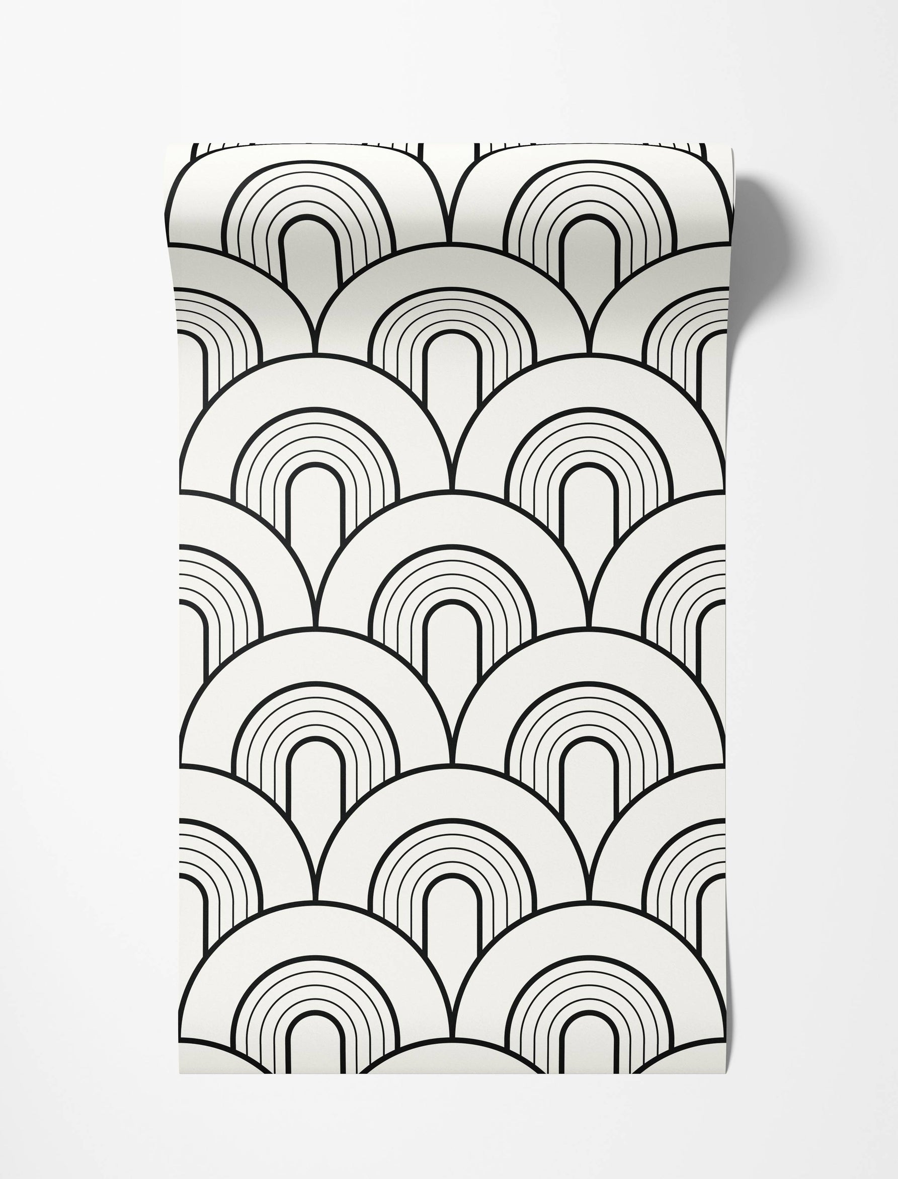 Wallpaper featuring a repeating geometric pattern of overlapping, stylized black line arches on an off-white background.