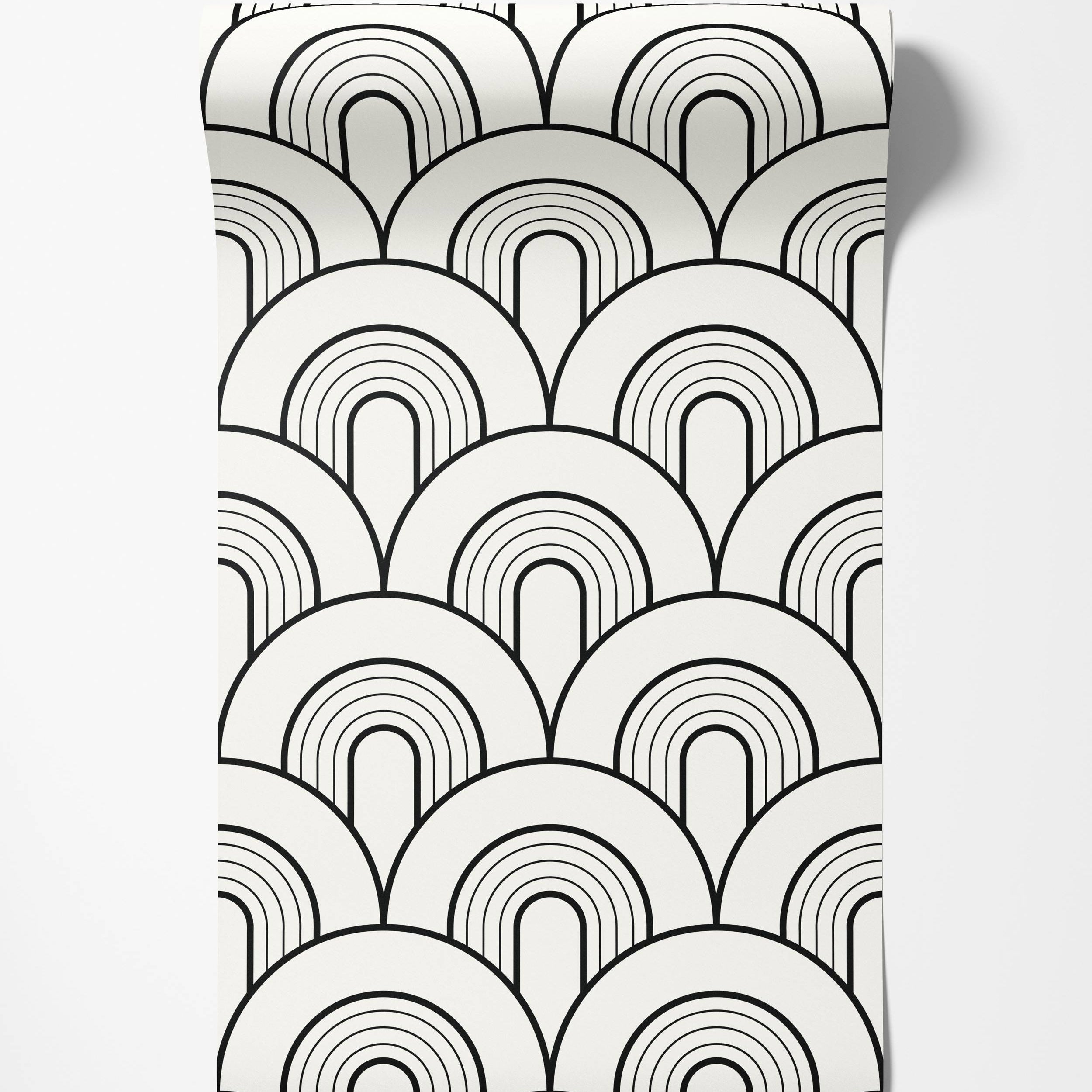 Wallpaper featuring a repeating geometric pattern of overlapping, stylized black line arches on an off-white background.