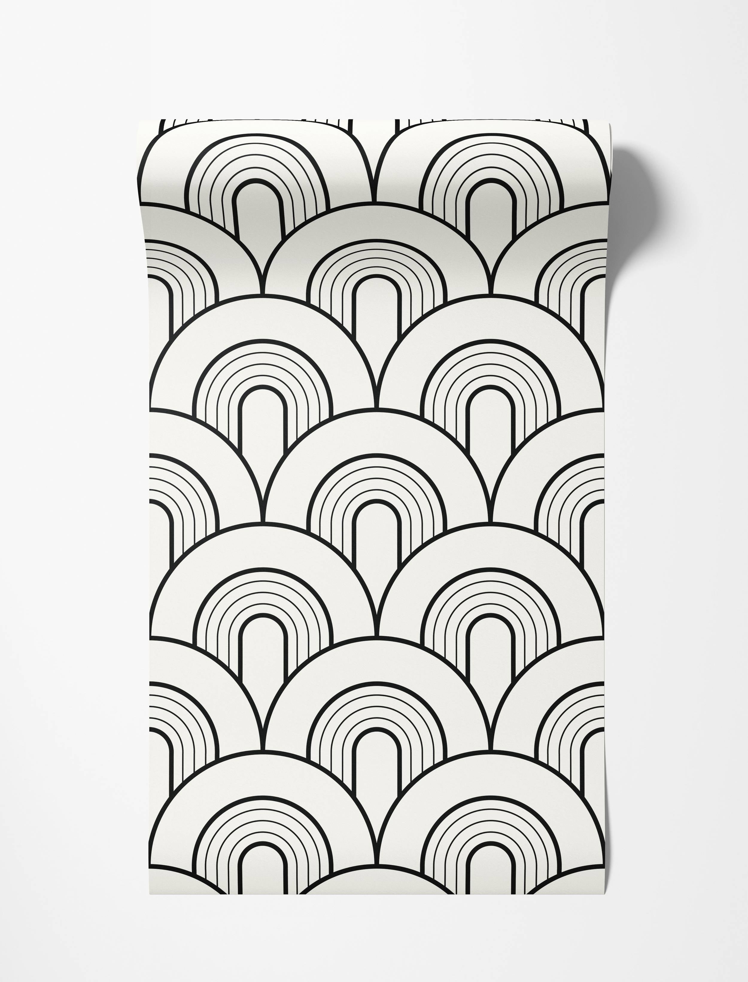 Wallpaper featuring a repeating geometric pattern of overlapping, stylized black line arches on an off-white background.