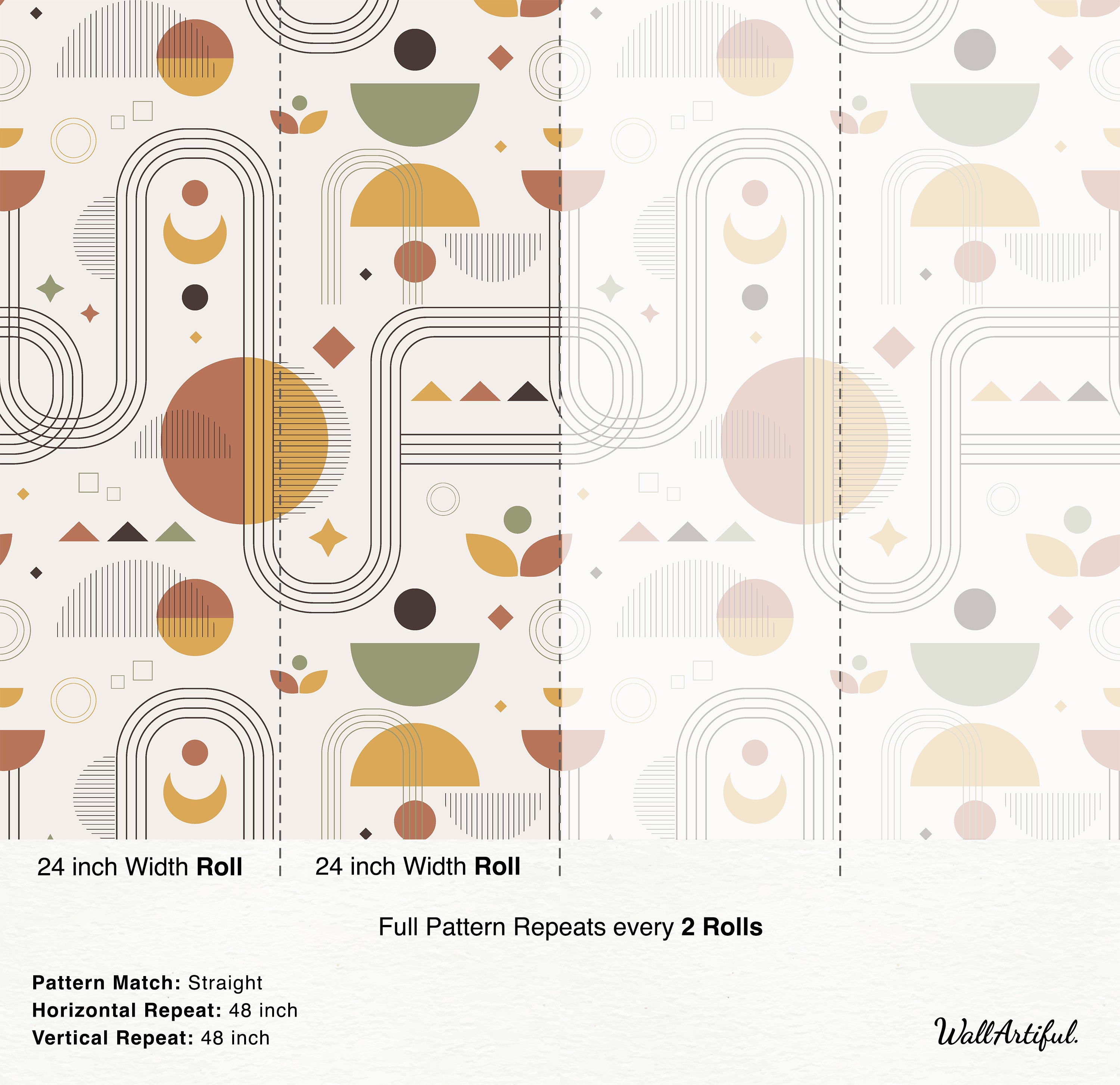 Geometric wallpaper with arches, semicircles, and lines in earthy terracotta, mustard yellow, sage green, and brown.