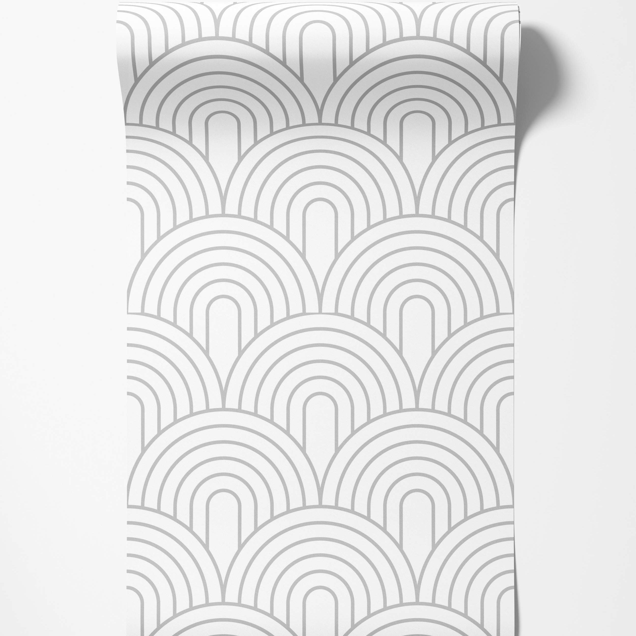 Geometric wallpaper featuring a repeating pattern of overlapping grey outline arches on a white background.