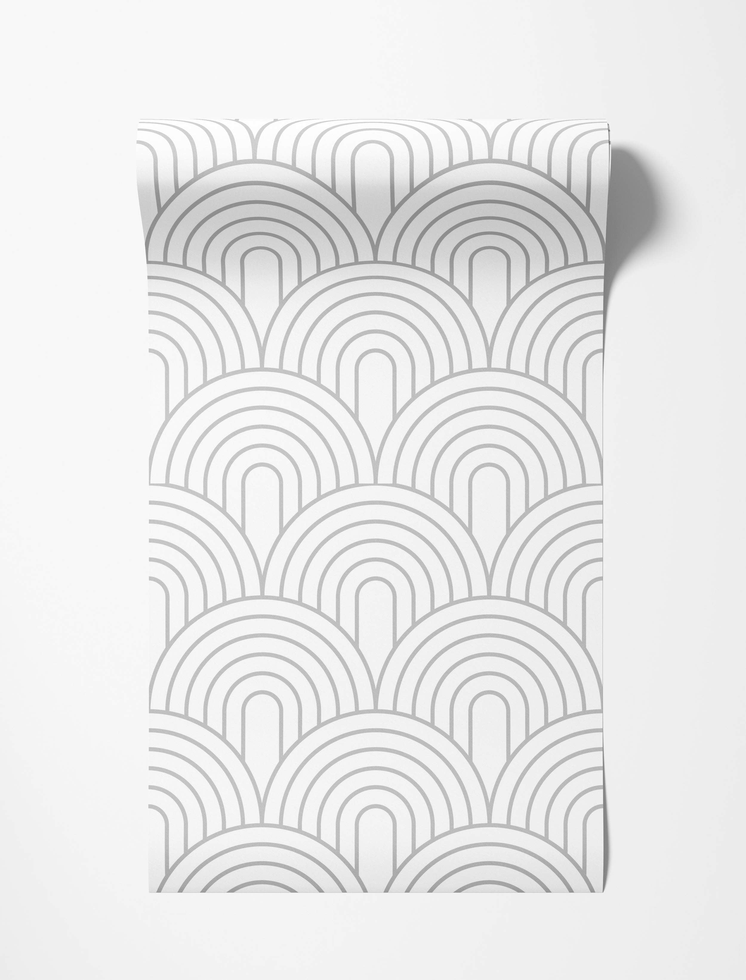 Geometric wallpaper featuring a repeating pattern of overlapping grey outline arches on a white background.