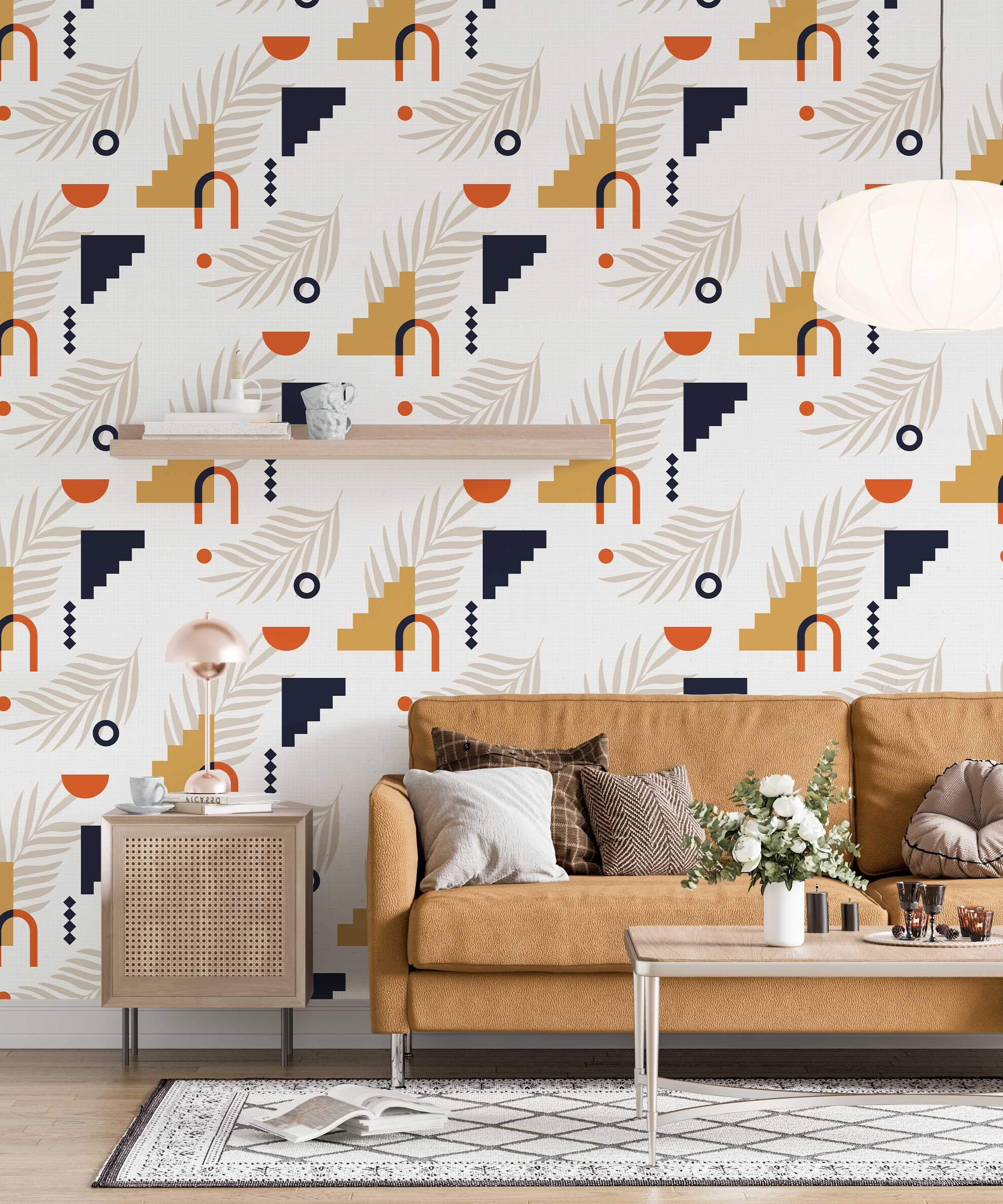 Abstract geometric wallpaper with orange arches, blue/yellow steps, beige leaves, and dots on a light background.
