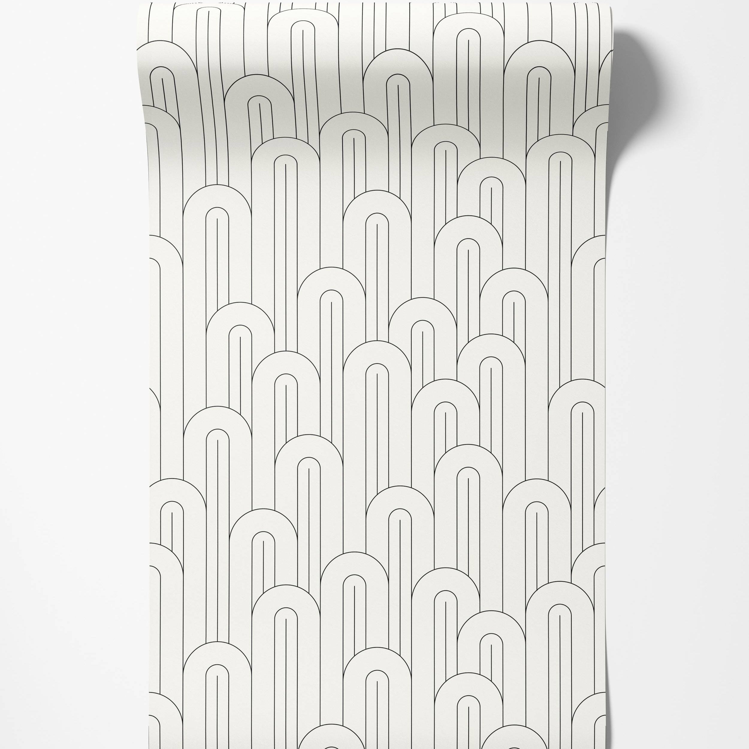 Geometric wallpaper with a repeating pattern of thin black line arches stacked on an off-white field.