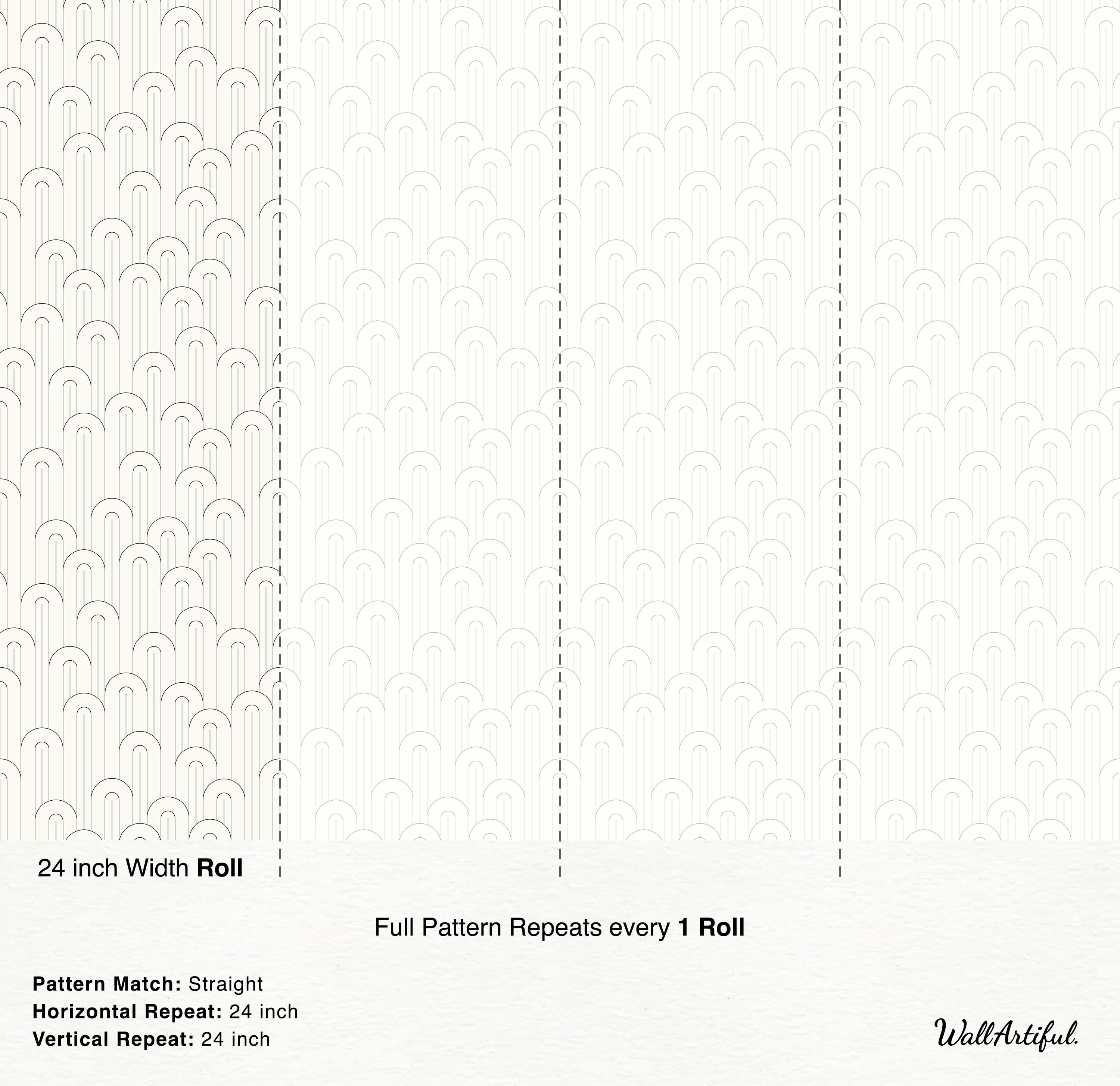 Geometric wallpaper featuring nested black outline arches arranged in vertical columns on an off-white background.
