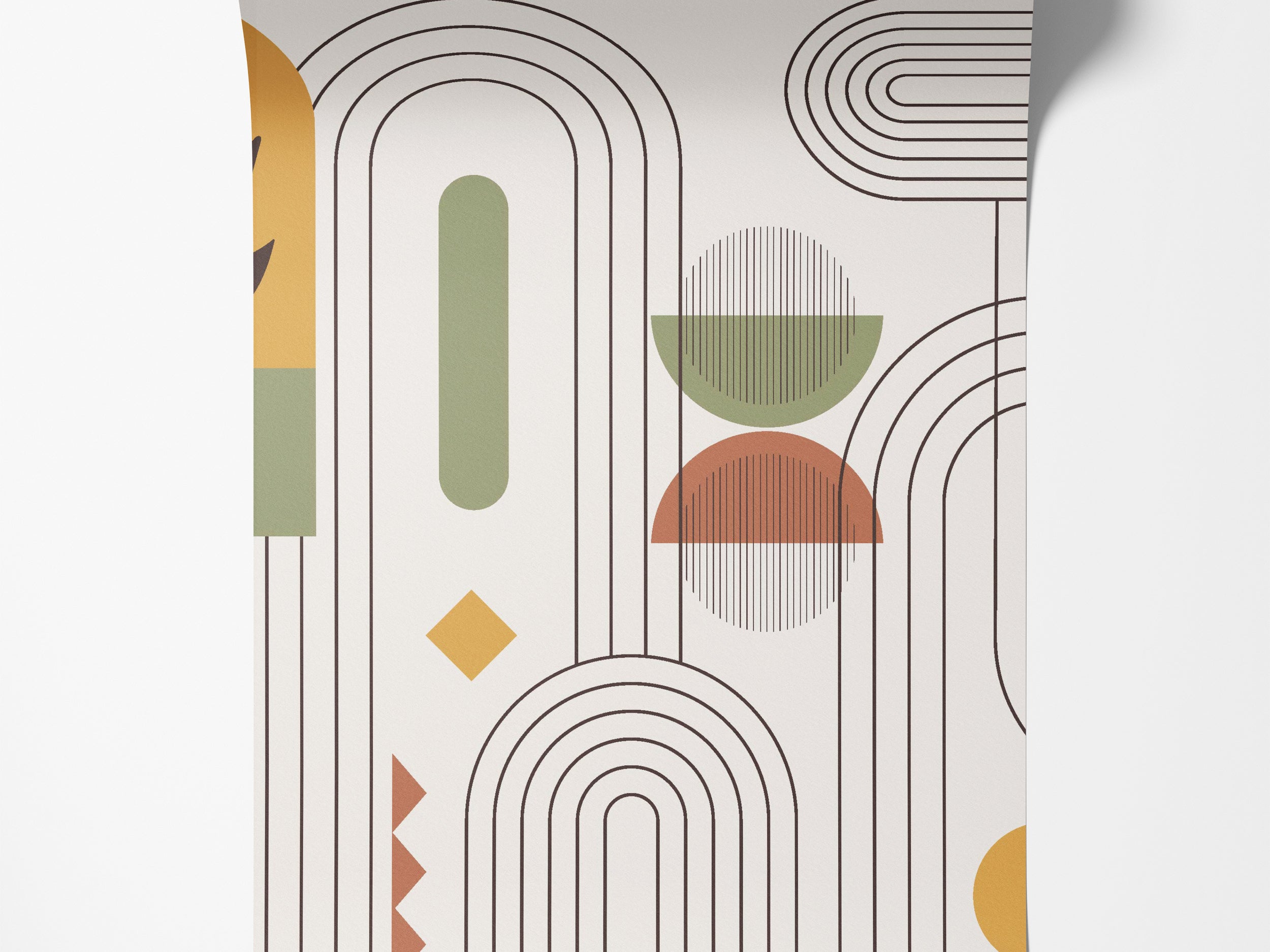 Geometric wallpaper with arches, lines, and shapes in rust, olive green, yellow, and dark brown on an off-white background.