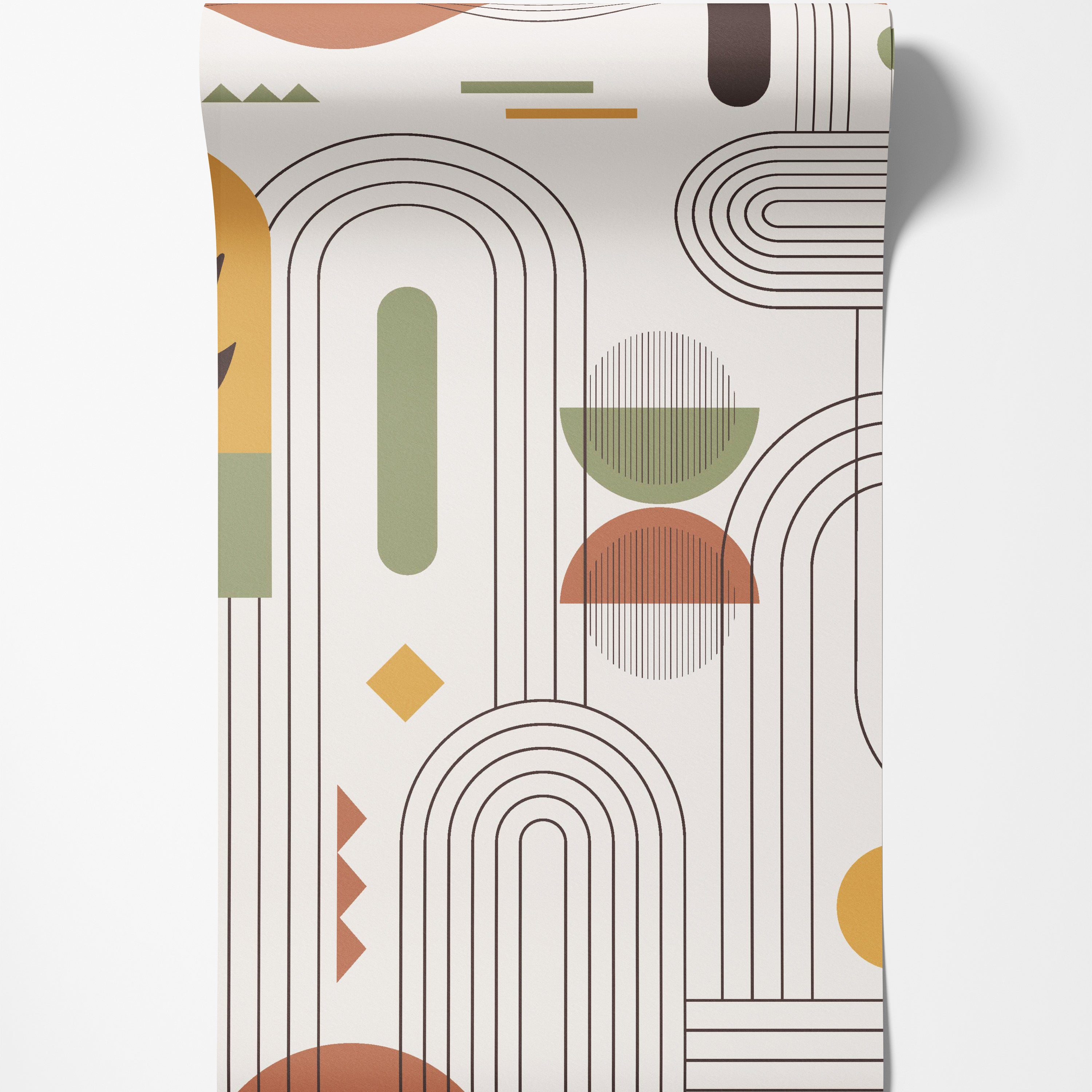 Geometric wallpaper with arches, lines, and shapes in rust, olive green, yellow, and dark brown on an off-white background.