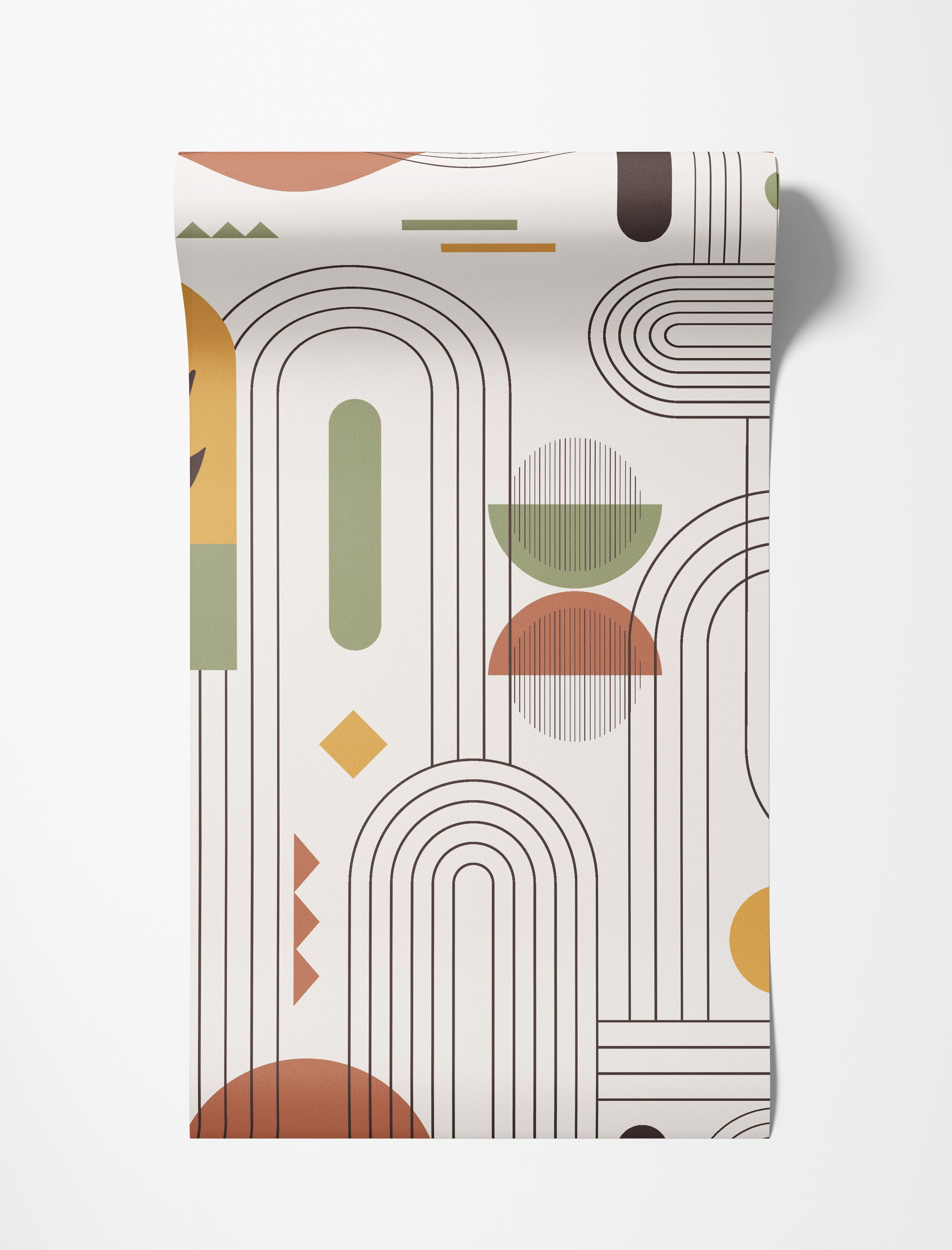Geometric wallpaper with arches, lines, and shapes in rust, olive green, yellow, and dark brown on an off-white background.